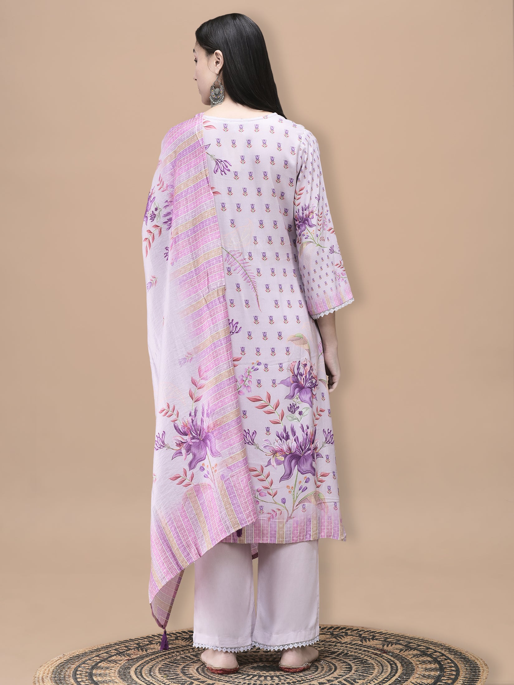 Women Liva Lilac Floral Print Kurta Comfort Pant Dupatta