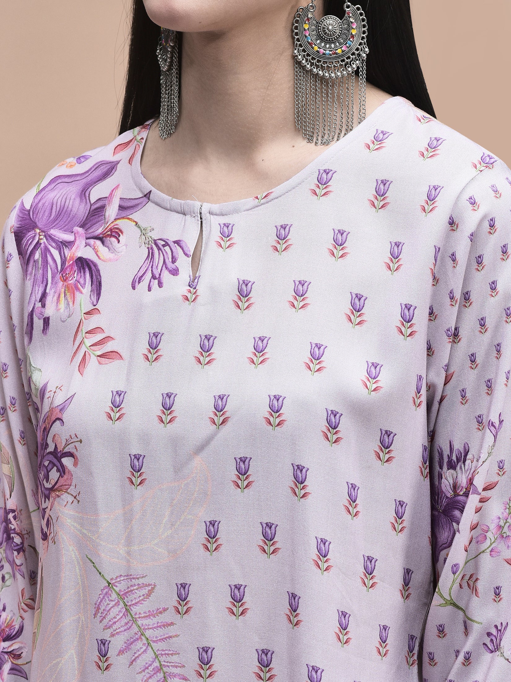 Women Liva Lilac Floral Print Kurta Comfort Pant Dupatta