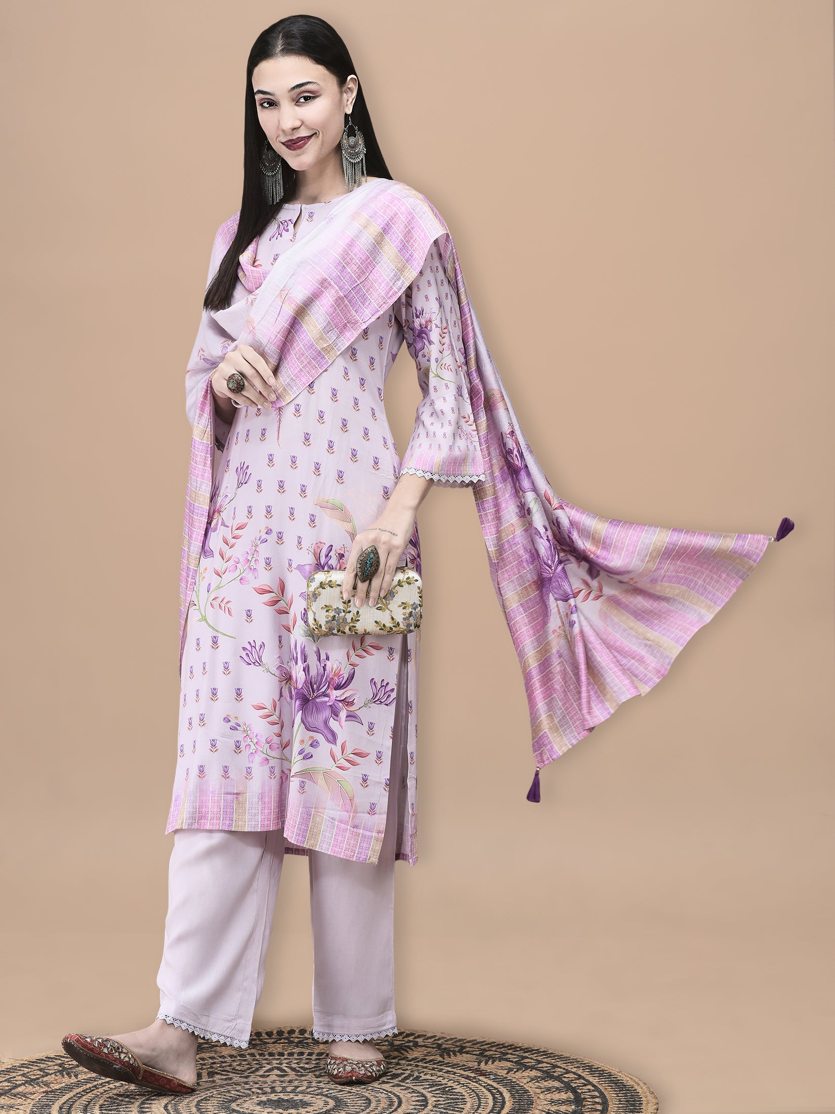 Women Liva Lilac Floral Print Kurta Comfort Pant Dupatta