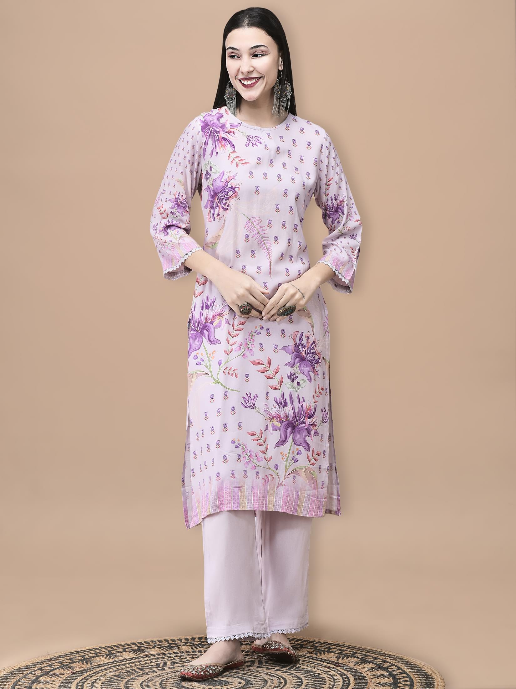 Women Liva Lilac Floral Print Kurta Comfort Pant Dupatta.