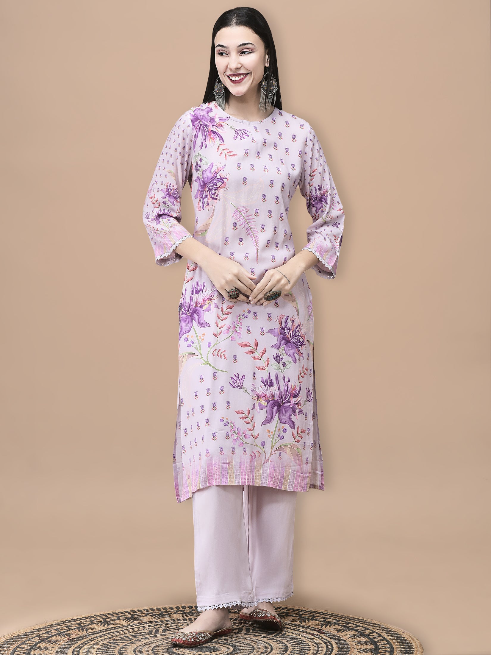 Women Liva Lilac Floral Print Kurta Comfort Pant Dupatta