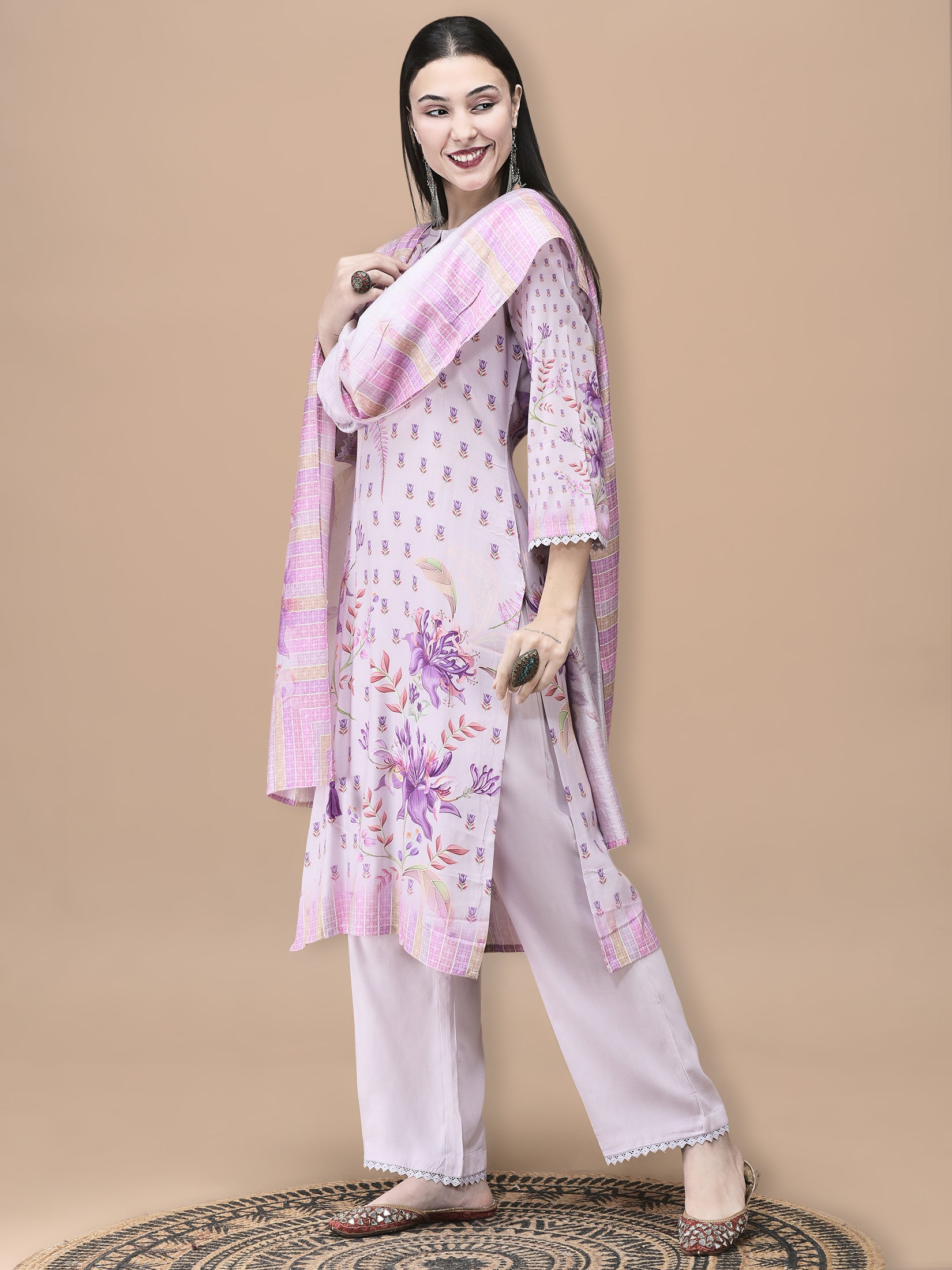 Women Liva Lilac Floral Print Kurta Comfort Pant Dupatta