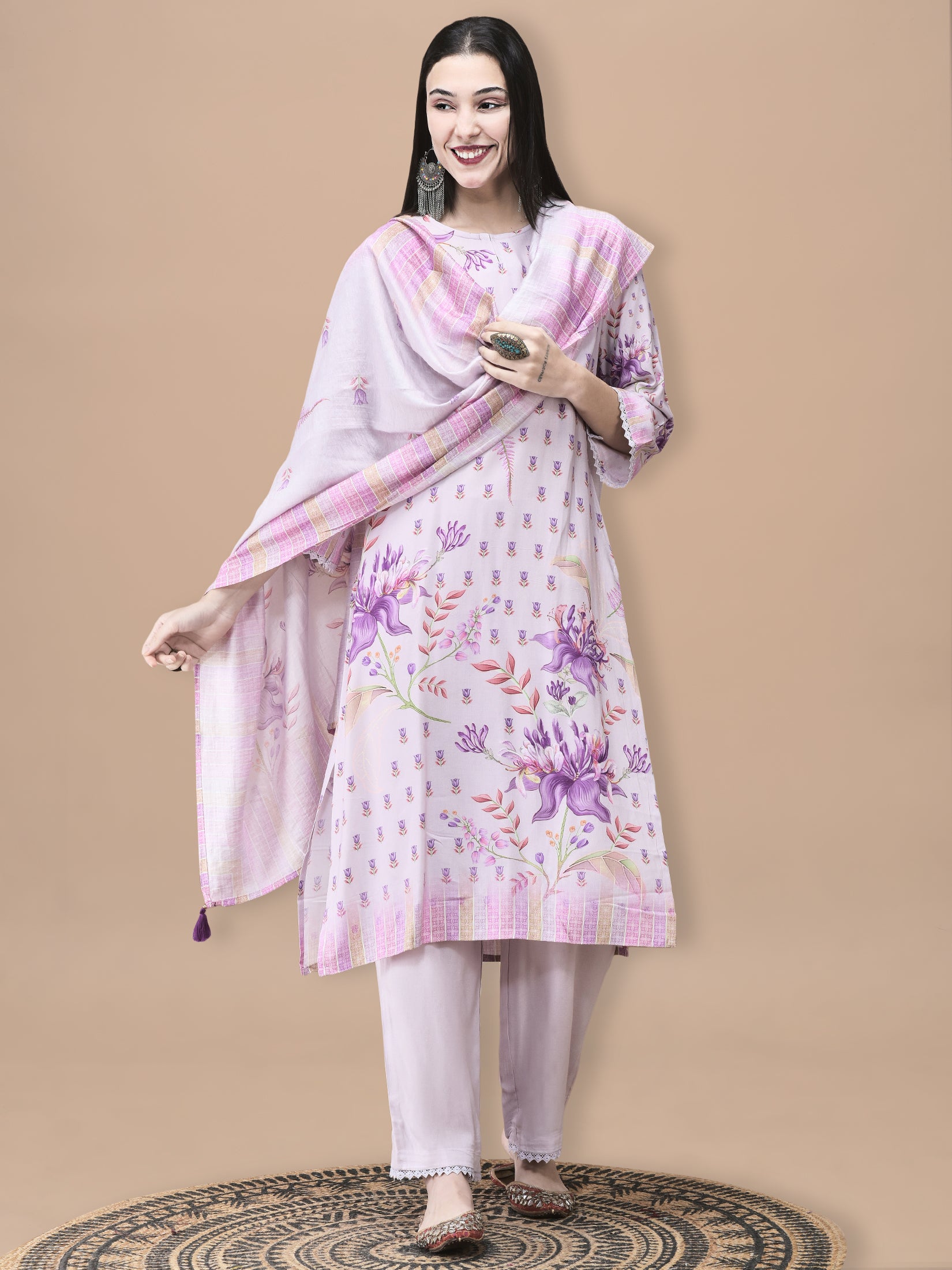 Women Liva Lilac Floral Print Kurta Comfort Pant Dupatta