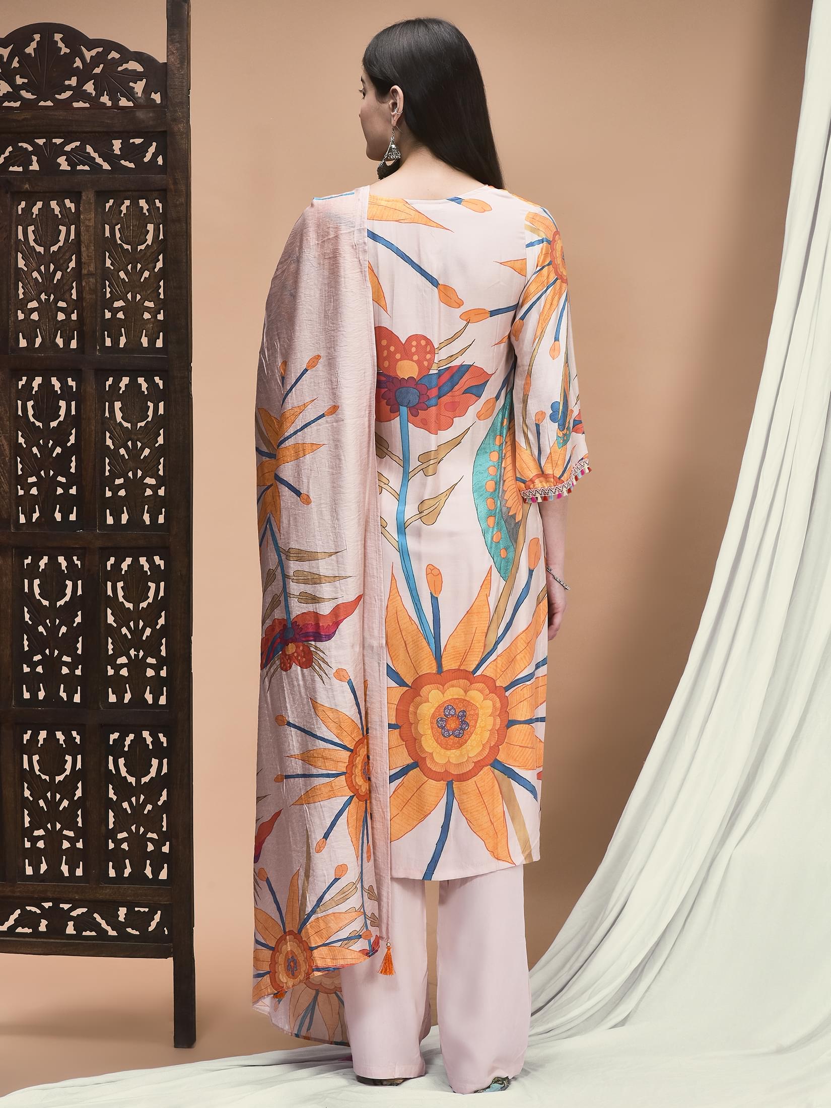 Women Liva Peach Multicolor Floral Print Kurta Comfort Pant Dupatta.