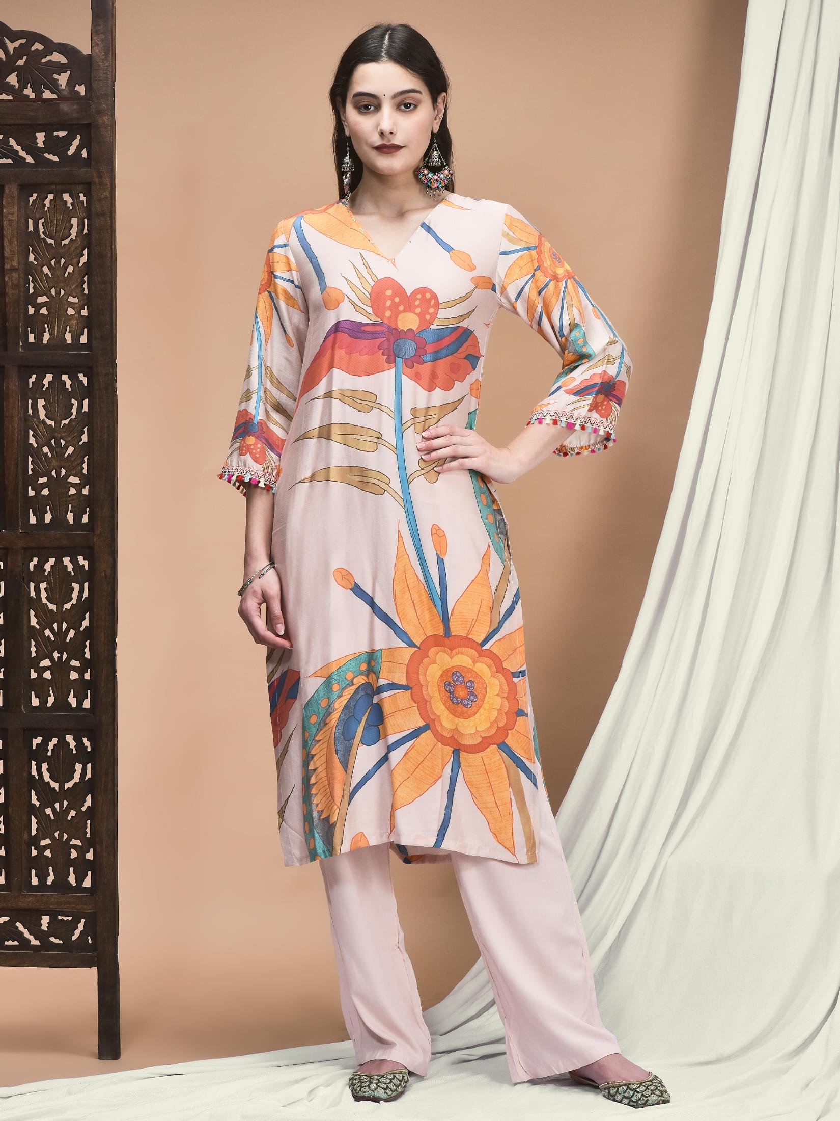 Women Liva Peach Multicolor Floral Print Kurta Comfort Pant Dupatta.