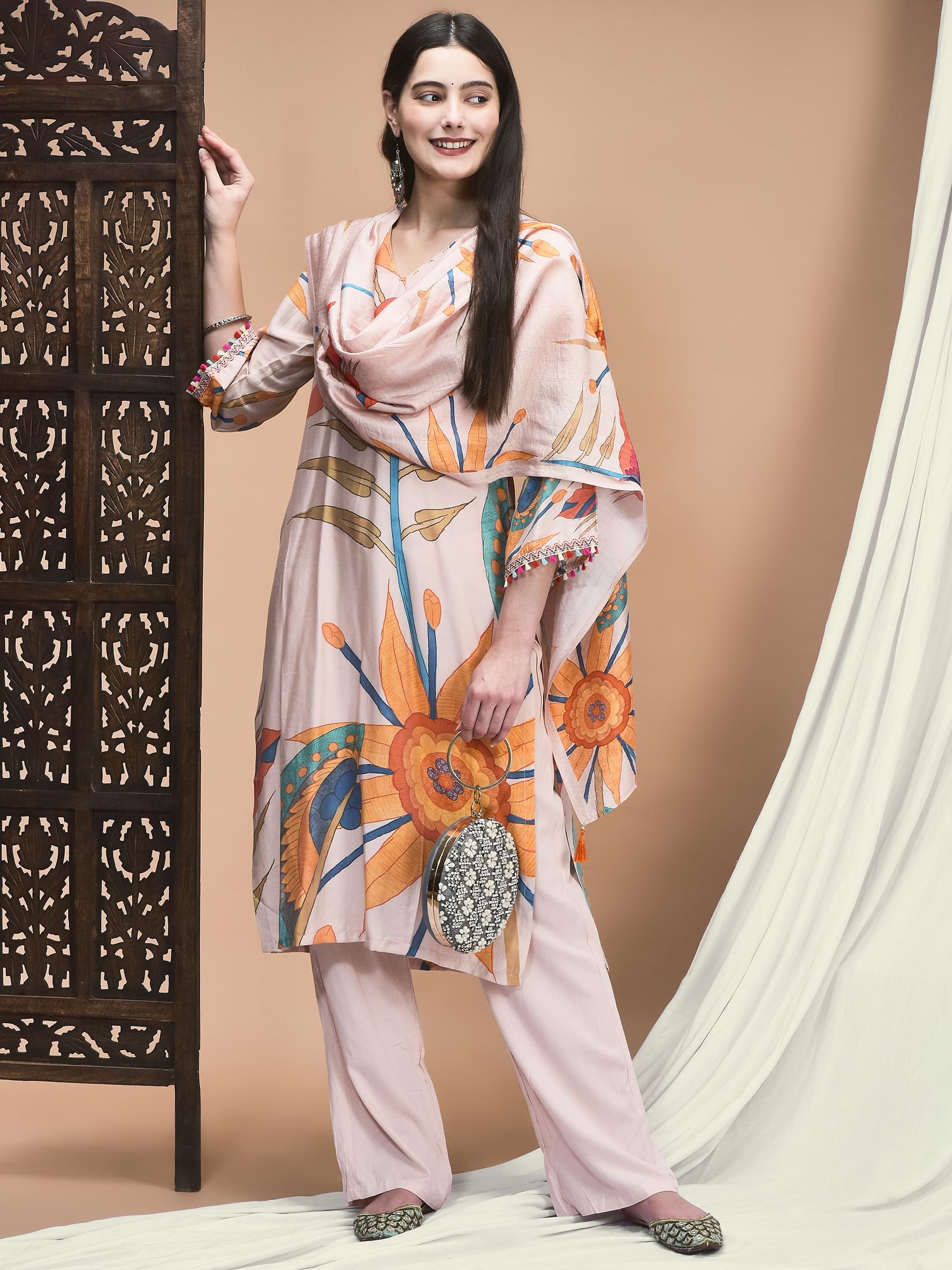Women Liva Peach Multicolor Floral Print Kurta Comfort Pant Dupatta.
