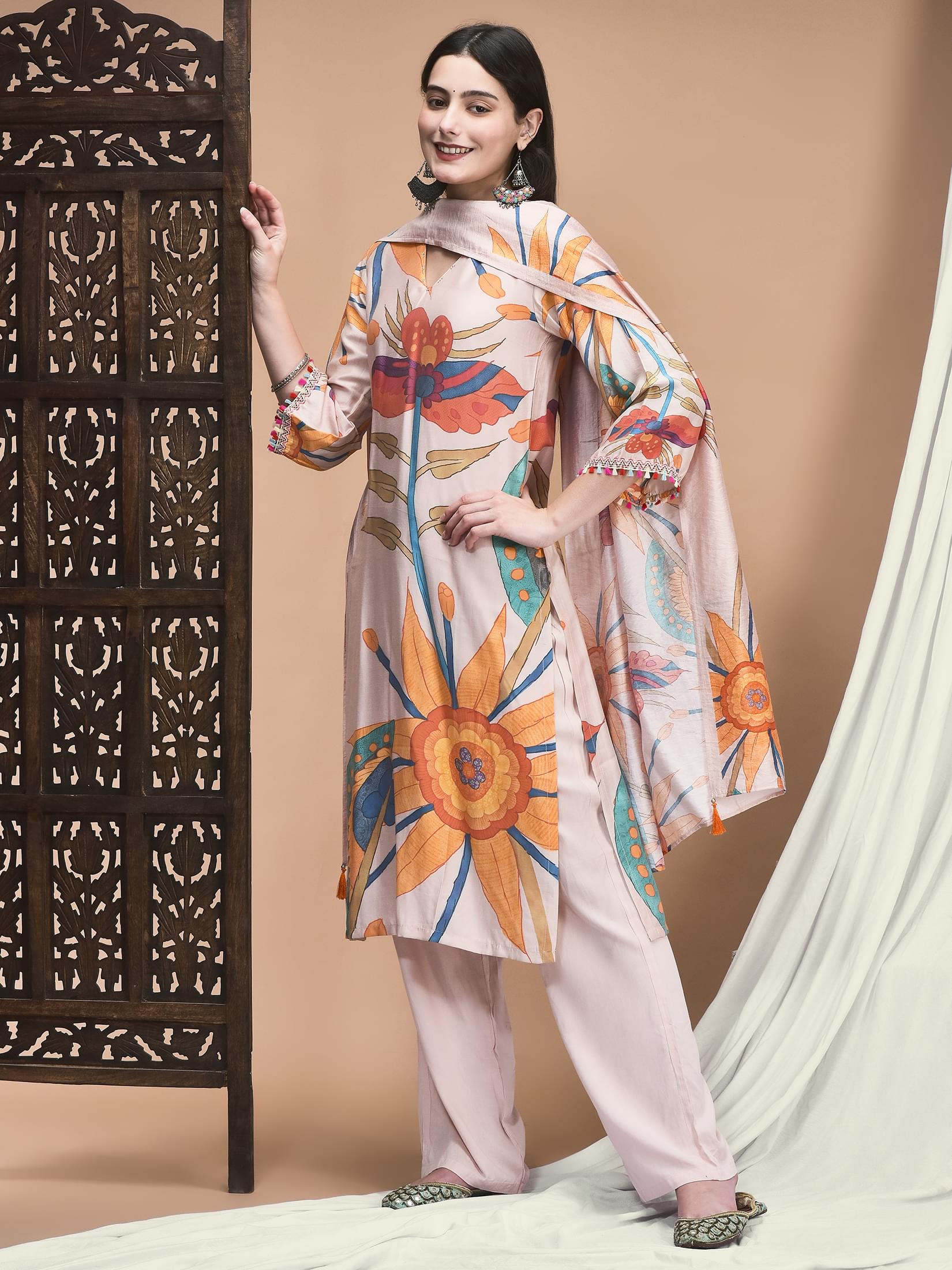 Women Liva Peach Multicolor Floral Print Kurta Comfort Pant Dupatta.