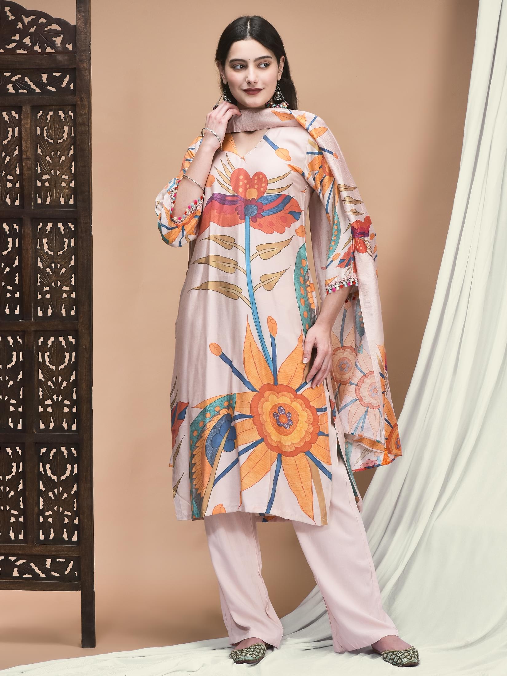 Women Liva Peach Multicolor Floral Print Kurta Comfort Pant Dupatta.