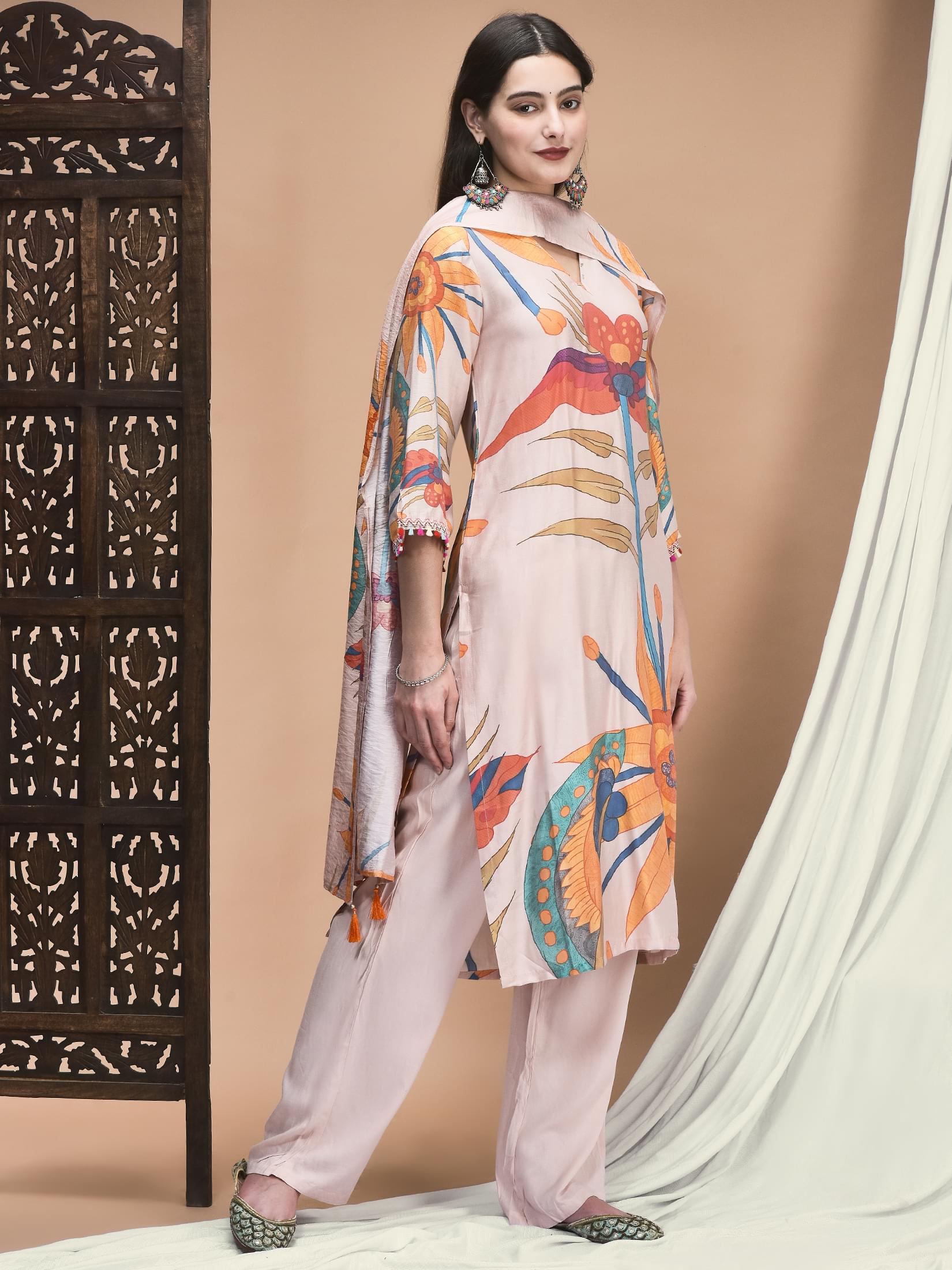 Women Liva Peach Multicolor Floral Print Kurta Comfort Pant Dupatta.
