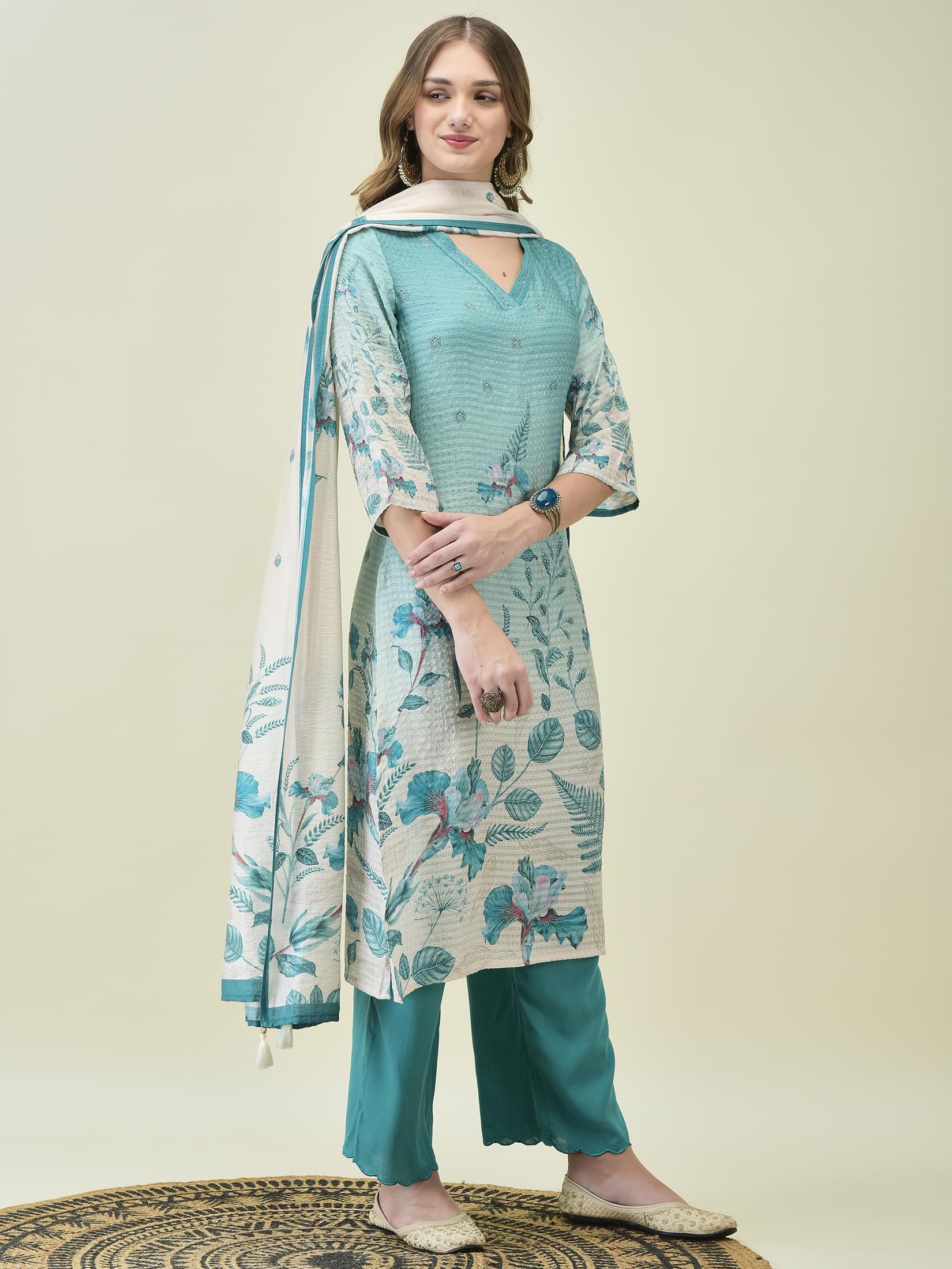 Women Liva Poly Viscose Teal Floral Print Kurta Comfort Pant Chanderi Dupatta.