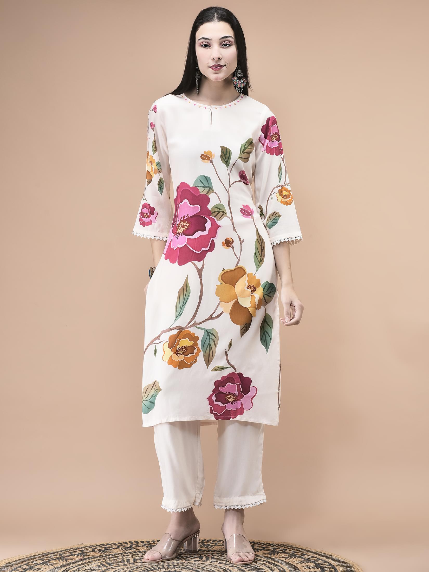 Women Liva Off White Floral Print Kurta Comfort Pant Dupatta.