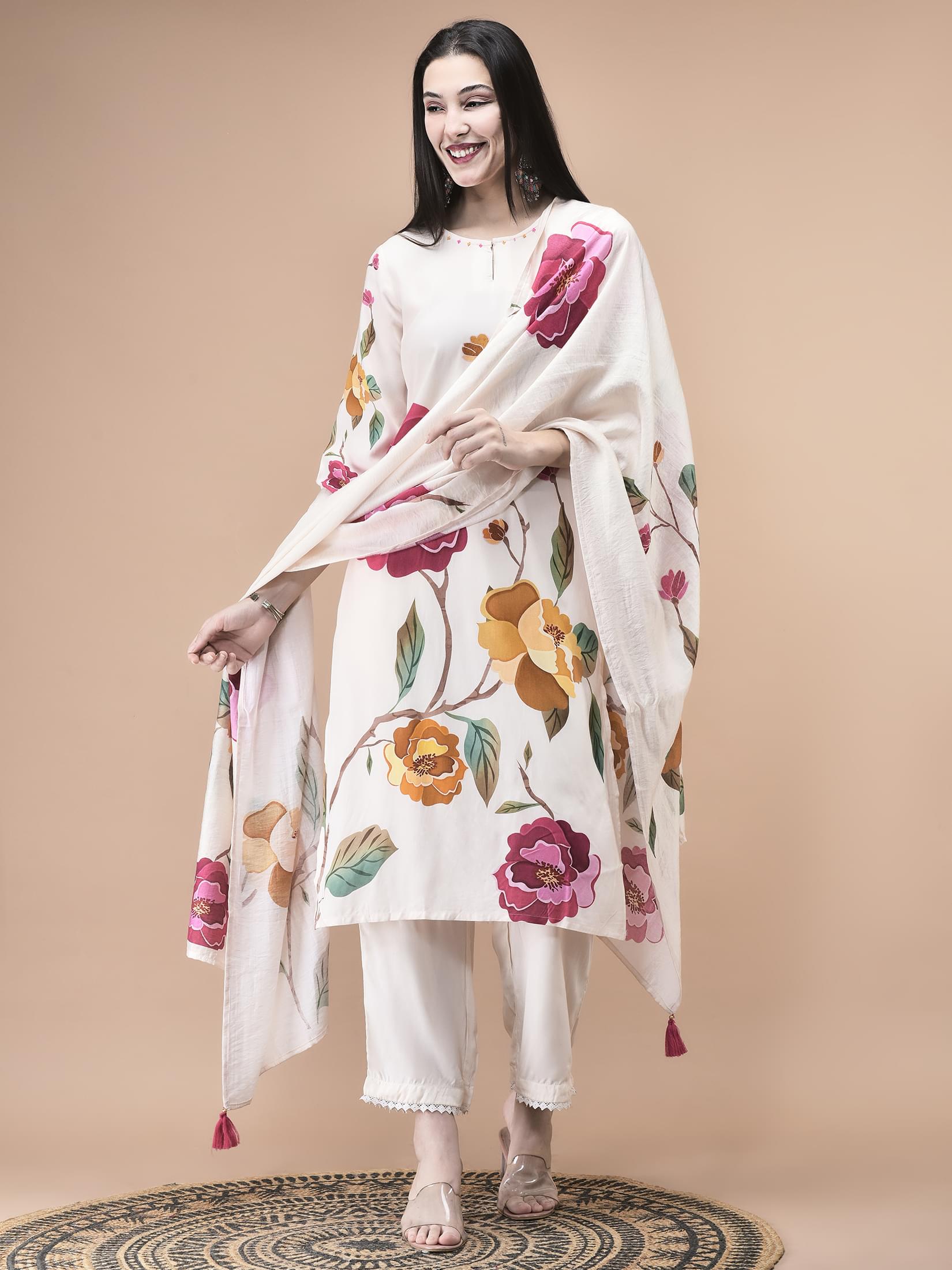 Women Liva Off White Floral Print Kurta Comfort Pant Dupatta.