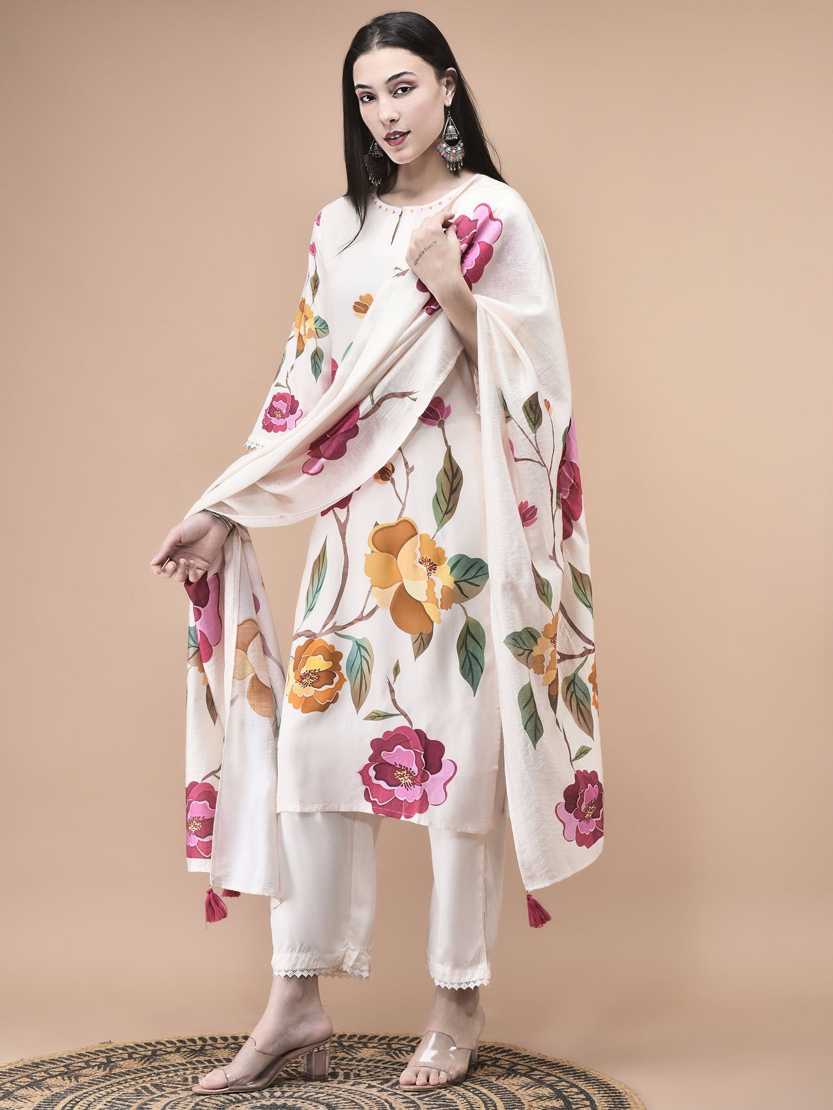 Women Liva Off White Floral Print Kurta Comfort Pant Dupatta