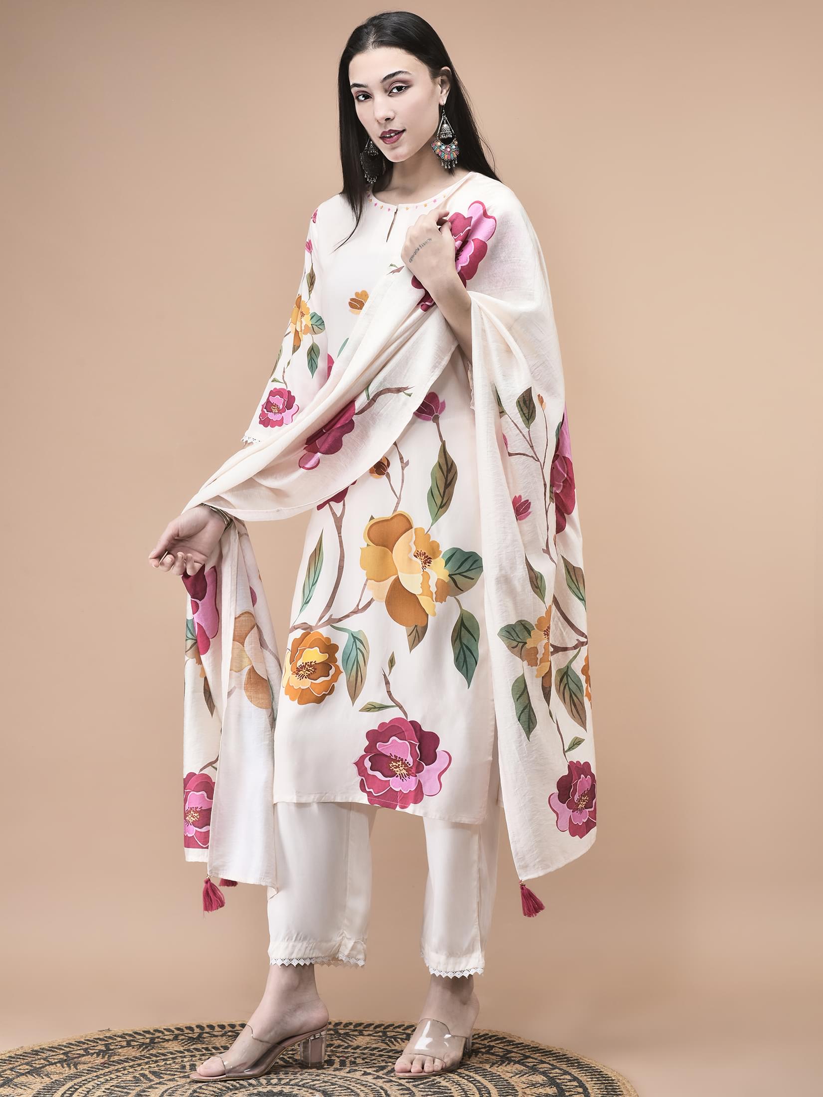 Women Liva Off White Floral Print Kurta Comfort Pant Dupatta.