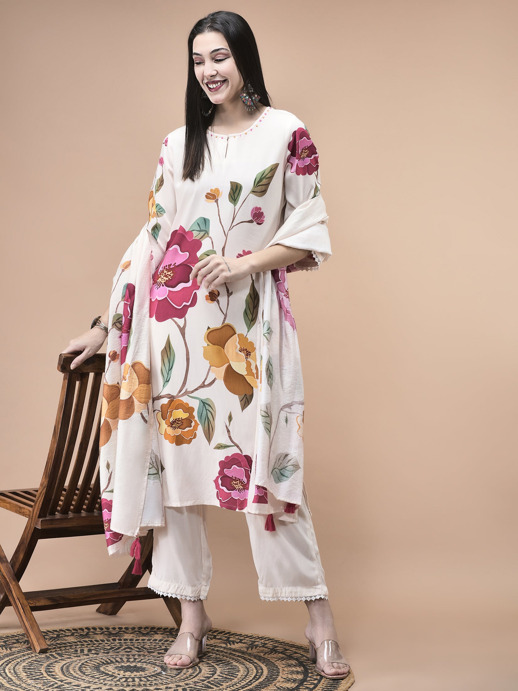 Women Liva Off White Floral Print Kurta Comfort Pant Dupatta