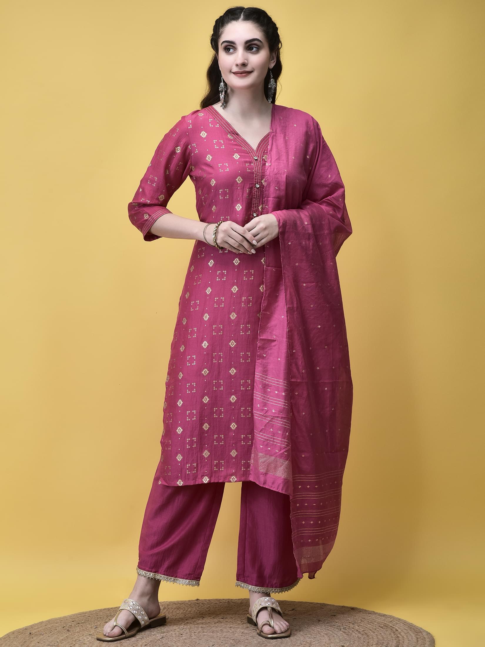 Fuchsia pink striking geometric pattern print Liva kurta with Chanderi silk dupatta