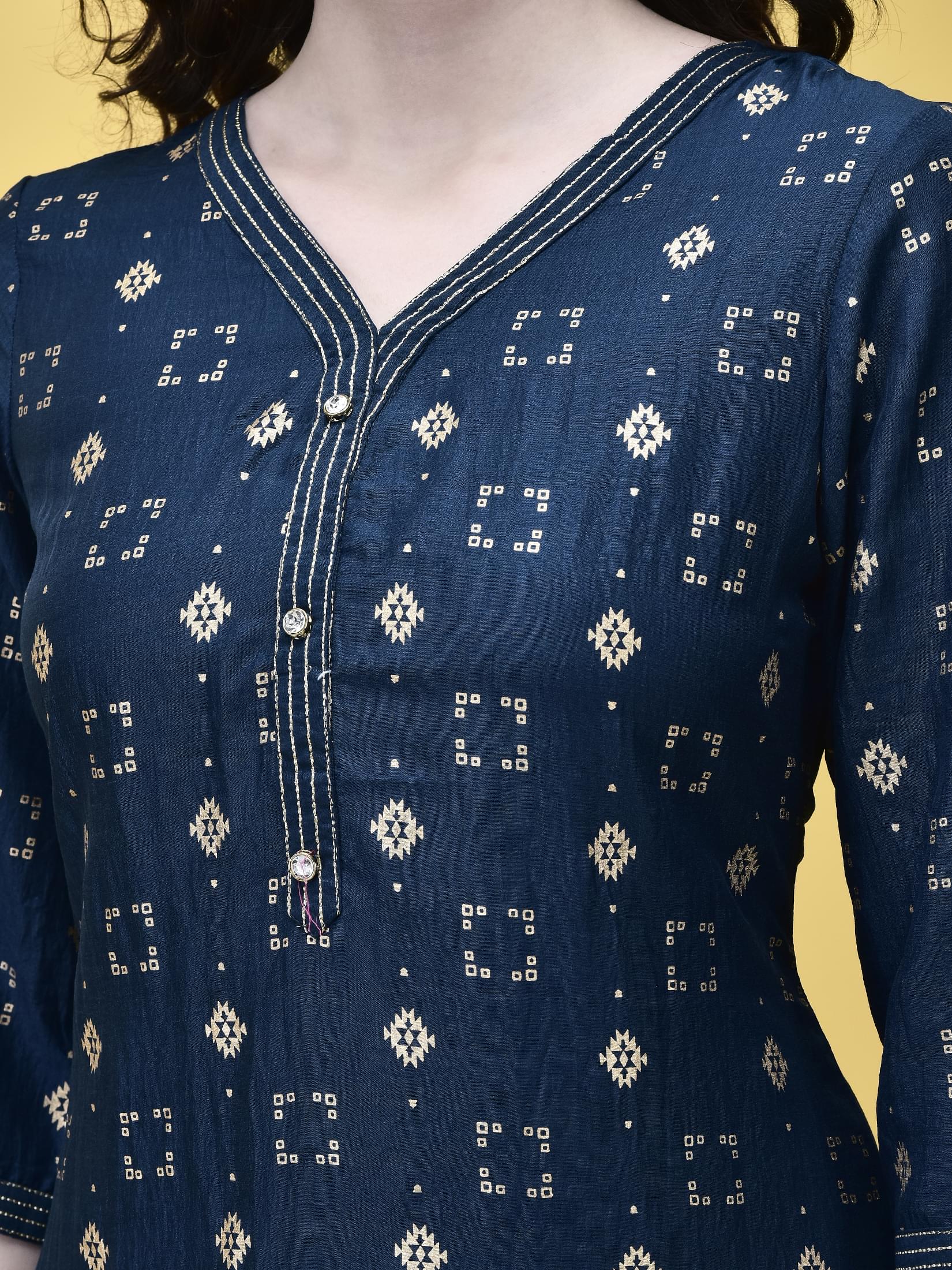 Women Liva Peacock Blue Geometric Print Kurta Comfort Pant Chanderi Dupatta.