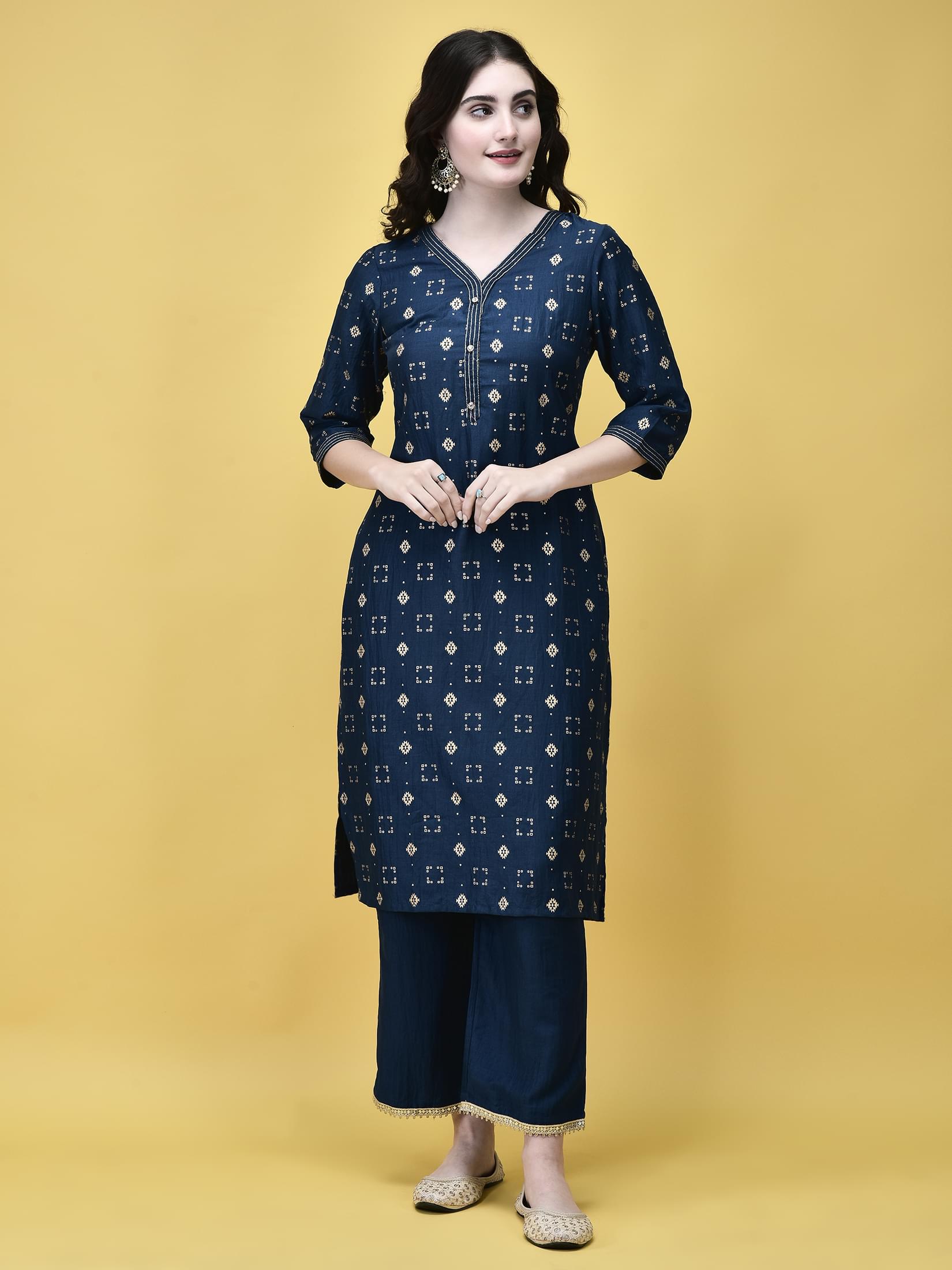 Women Liva Peacock Blue Geometric Print Kurta Comfort Pant Chanderi Dupatta.