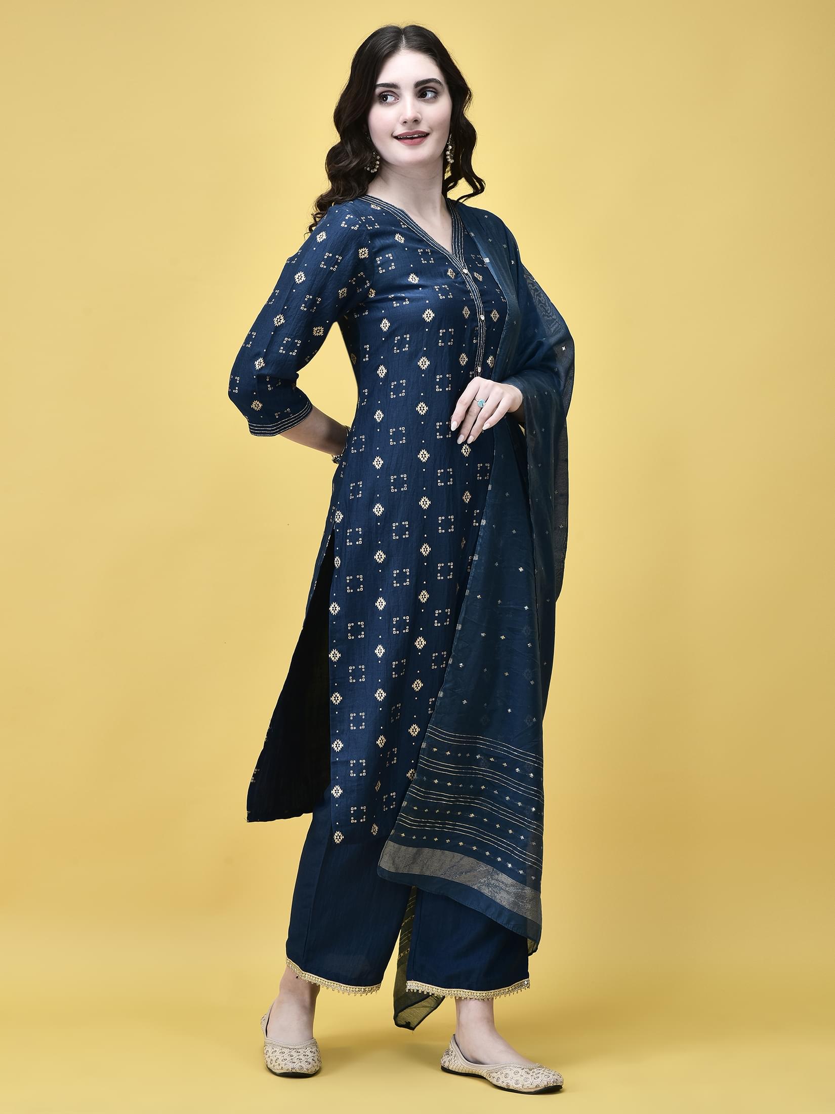 Women Liva Peacock Blue Geometric Print Kurta Comfort Pant Chanderi Dupatta.