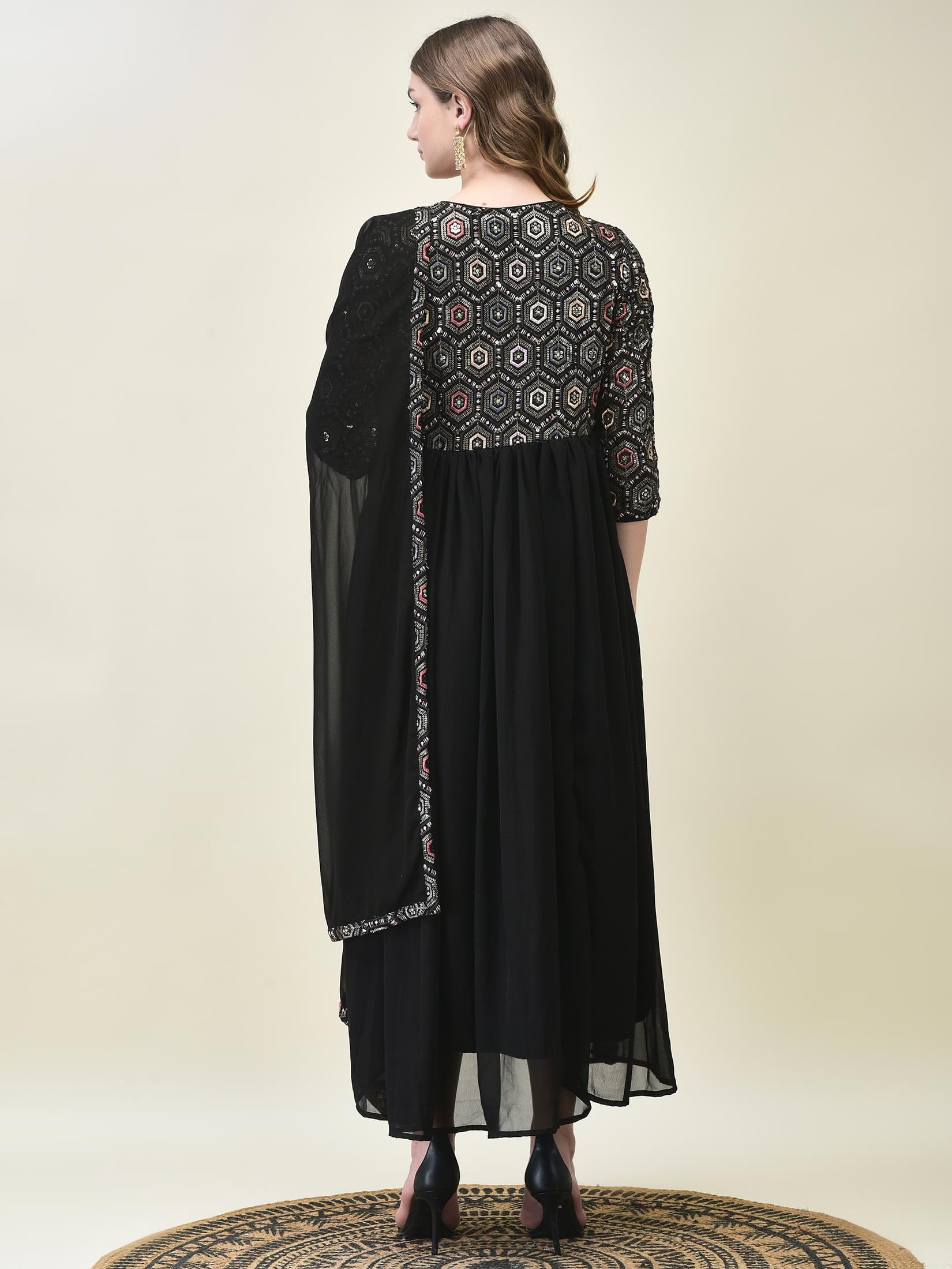 Women Georgette Black Embroidered Dress With Dupatta.