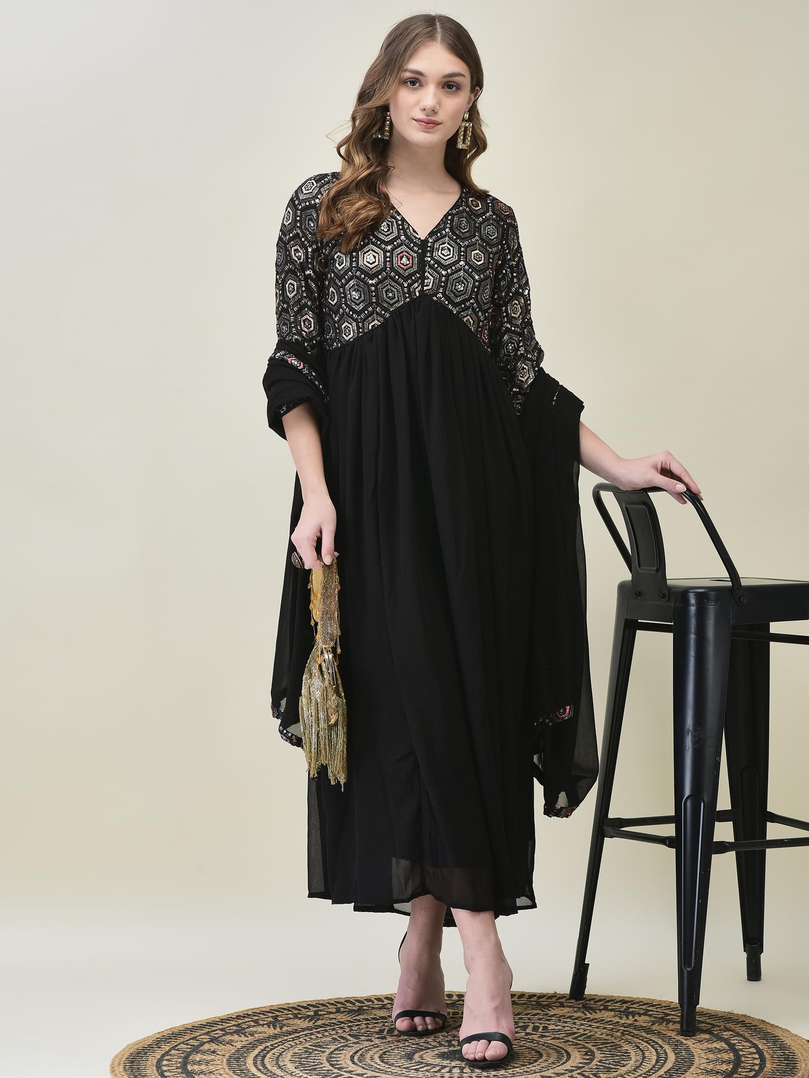 Women Georgette Black Embroidered Dress With Dupatta.