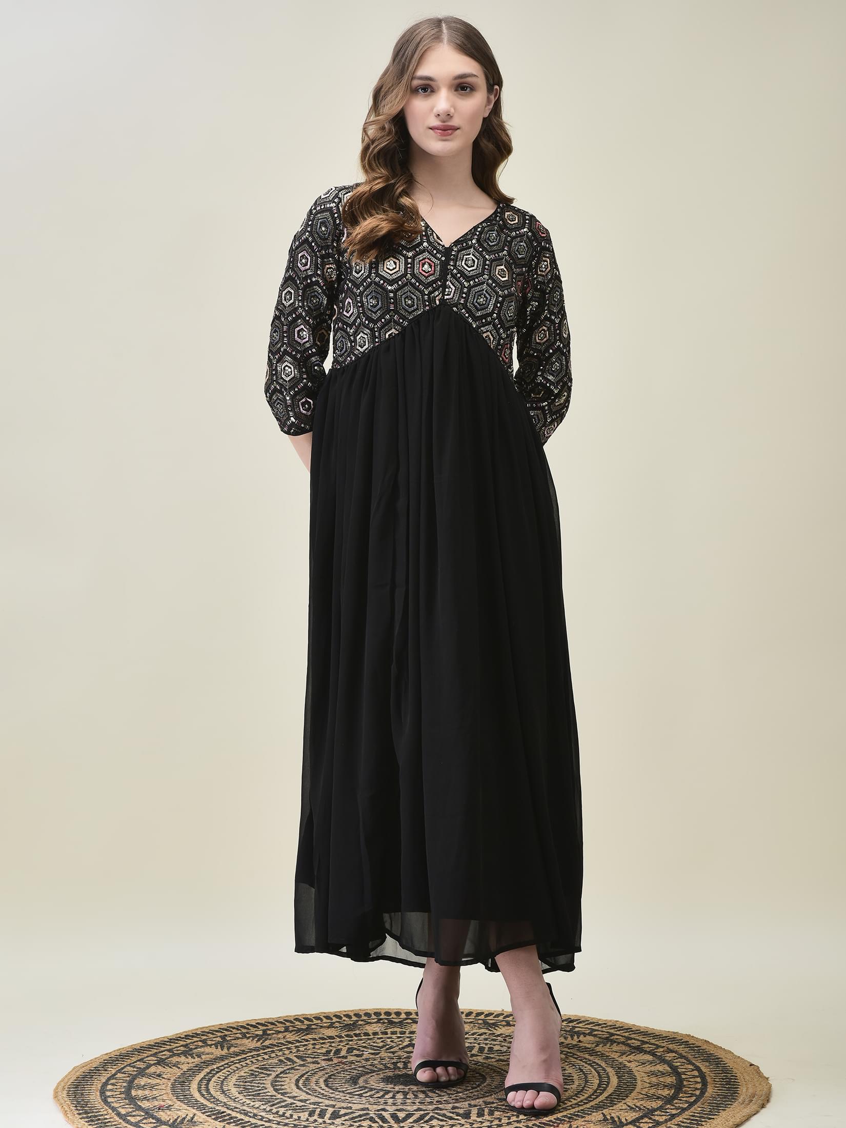Women Georgette Black Embroidered Dress With Dupatta.