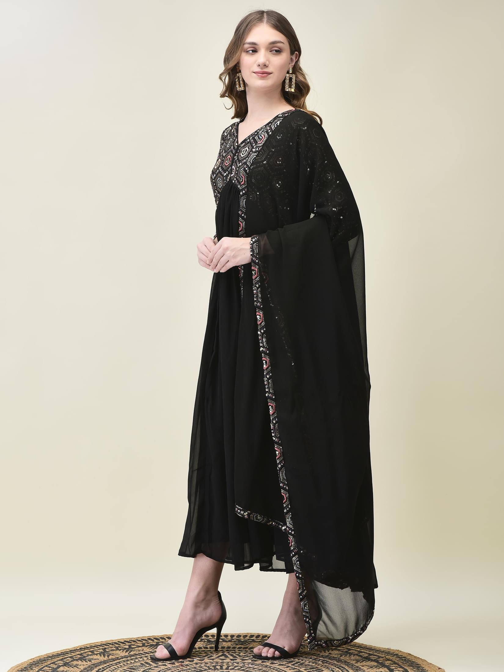 Women Georgette Black Embroidered Dress With Dupatta.
