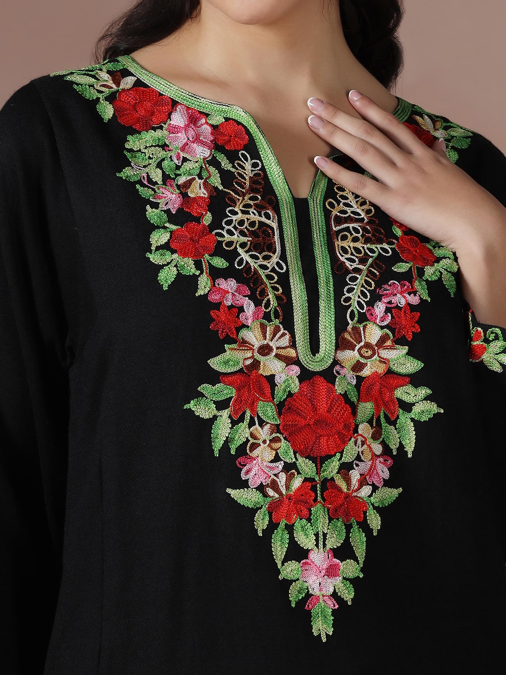 Winter Women Acrylic Black Embroidered Kurta.