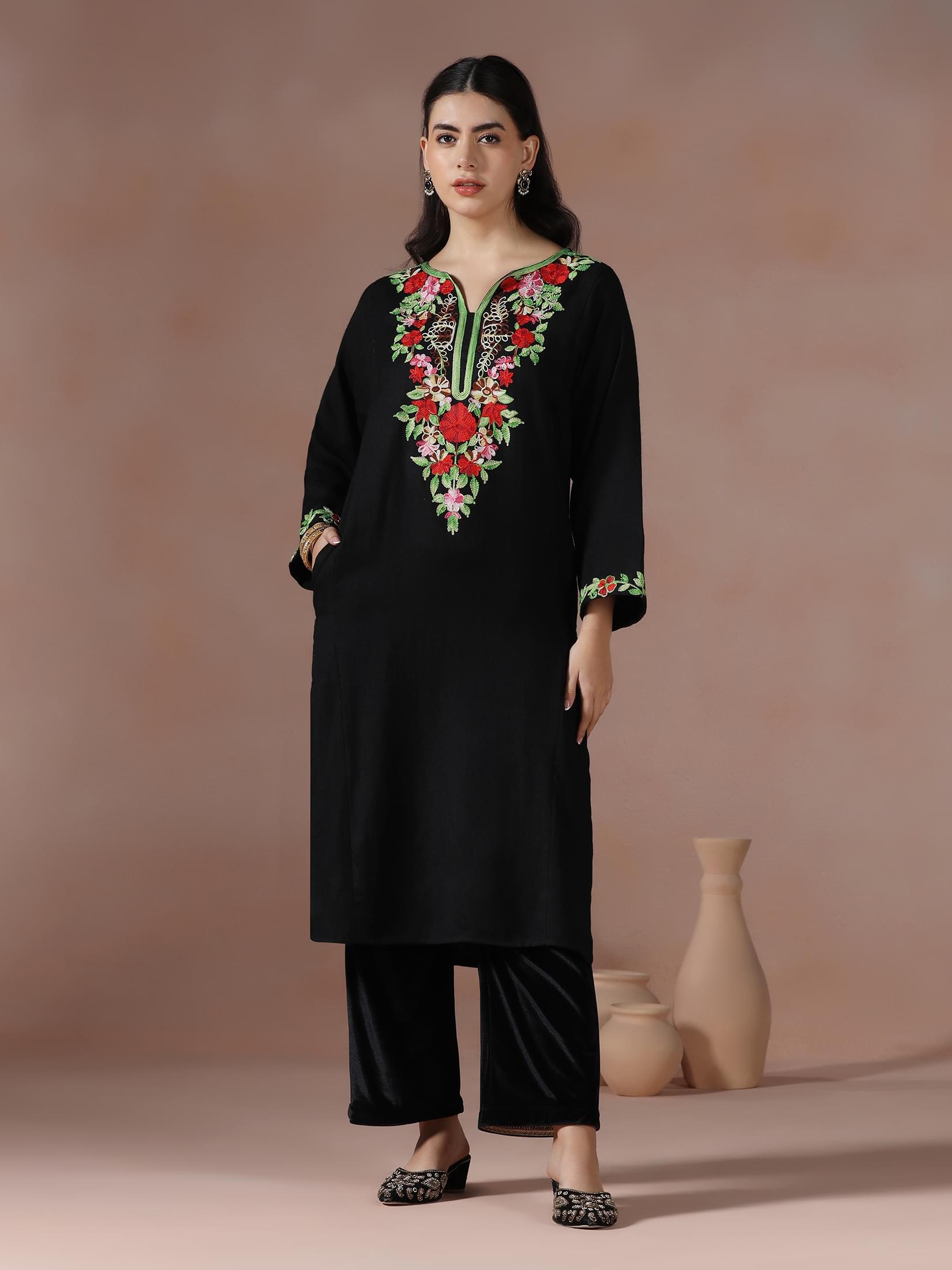 Winter Women Acrylic Black Embroidered Kurta.