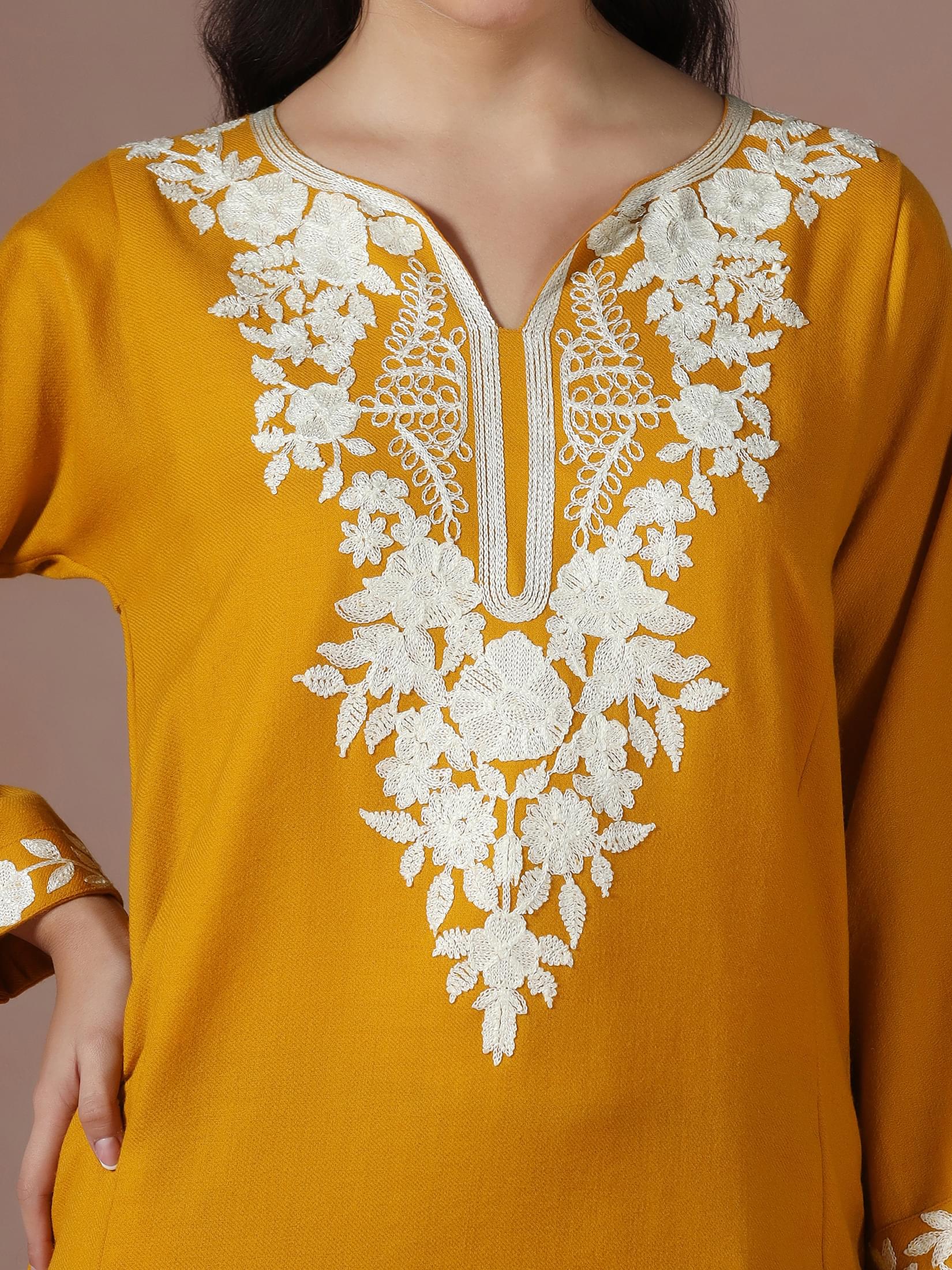 Winter Women Acrylic Mustard Embroidered Kurta.