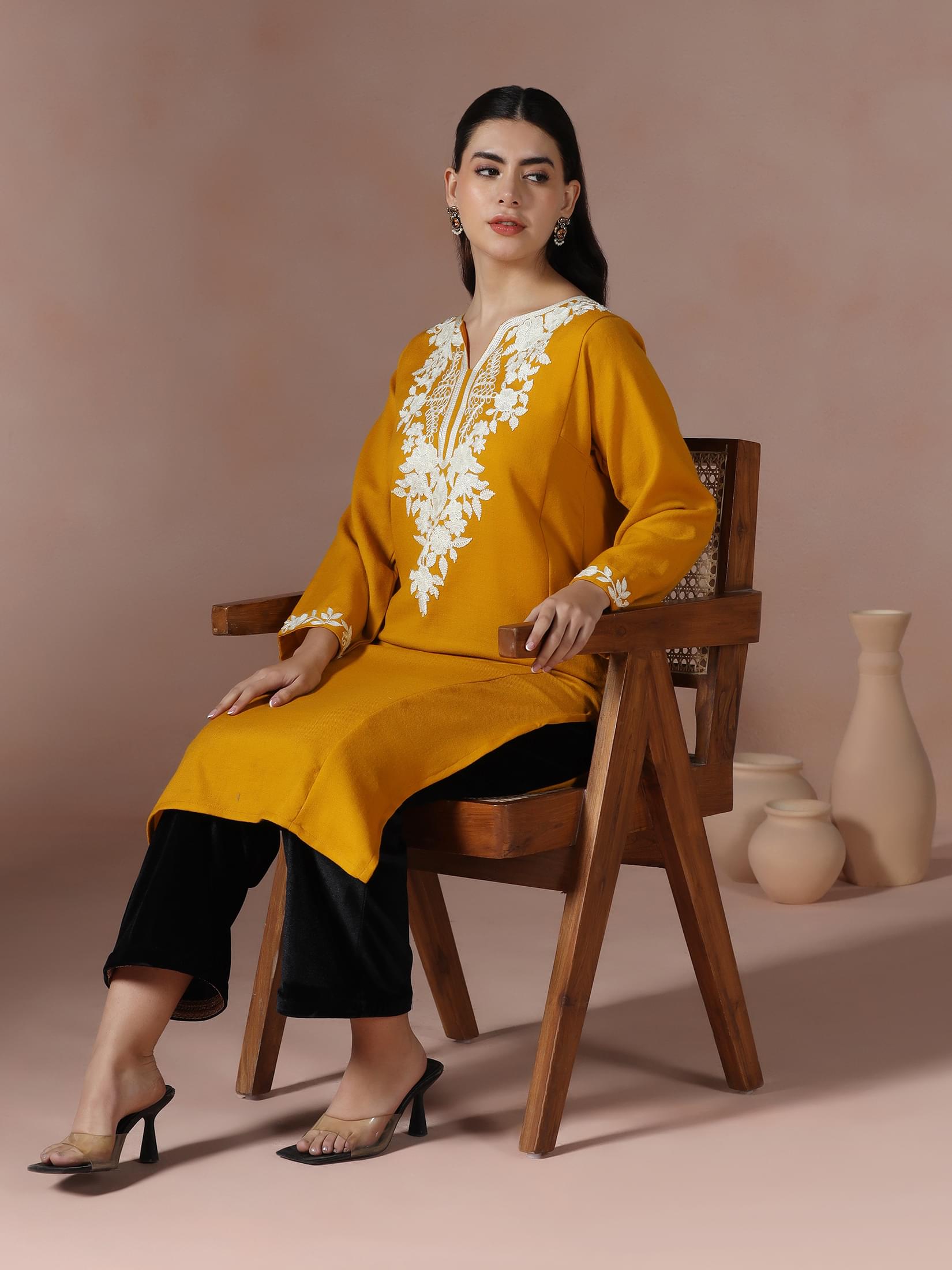 Winter Women Acrylic Mustard Embroidered Kurta.