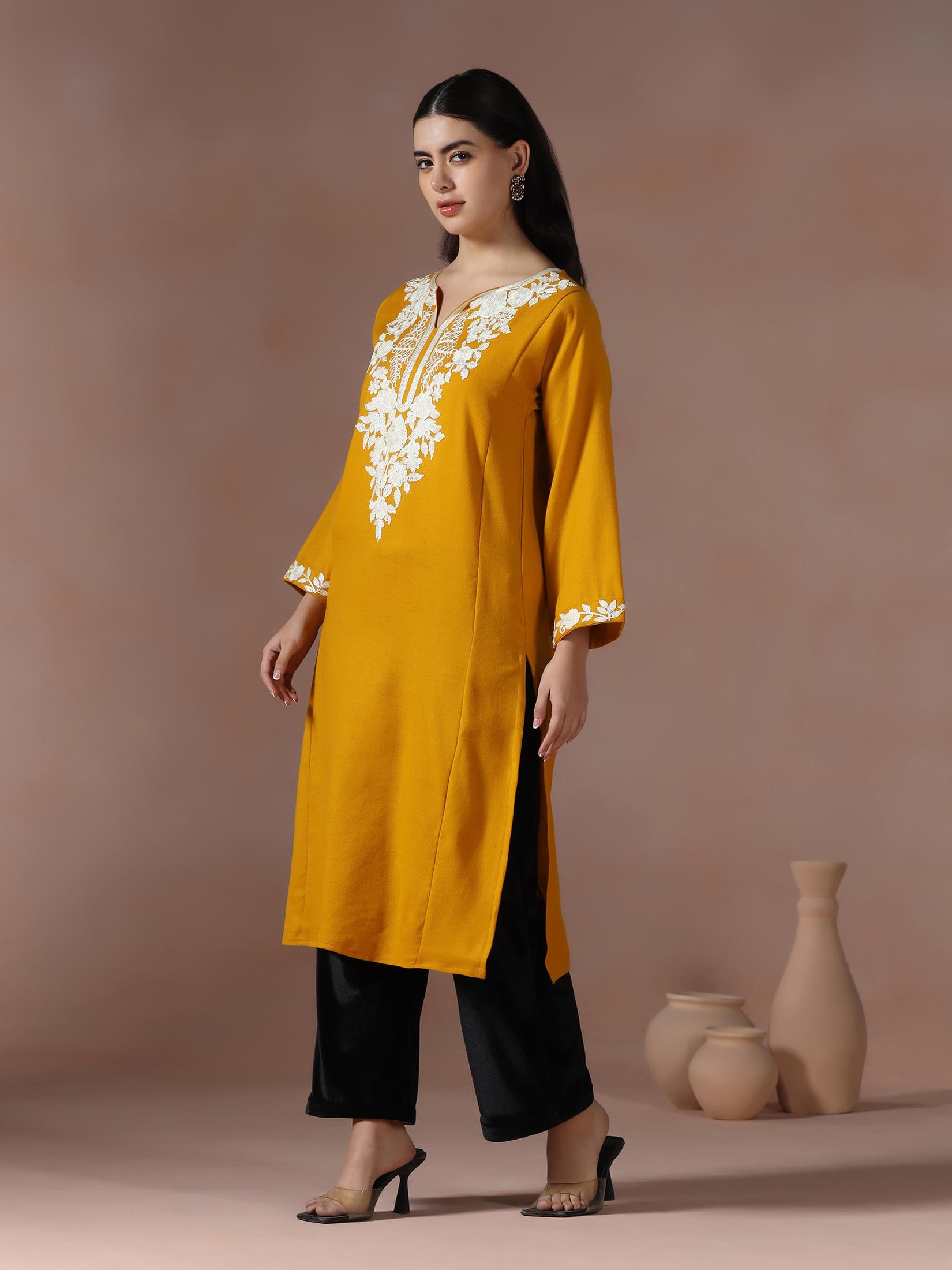 Winter Women Acrylic Mustard Embroidered Kurta.