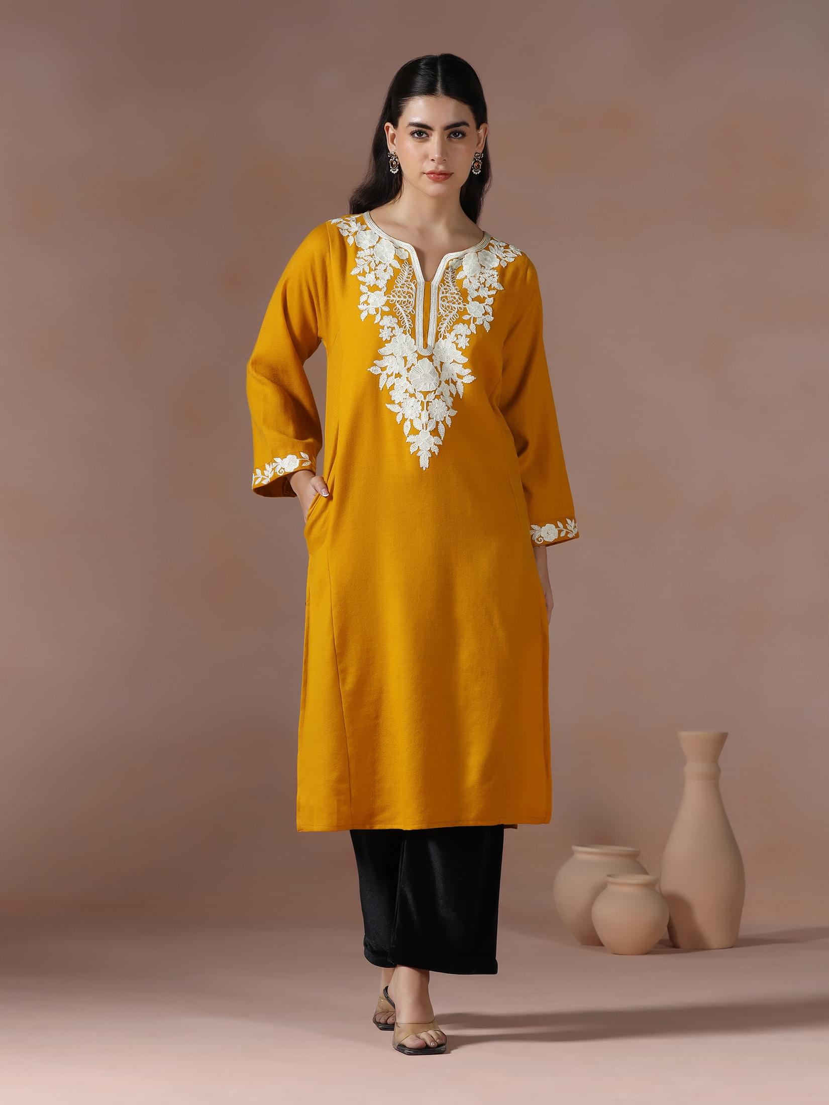 Winter Women Acrylic Mustard Embroidered Kurta.