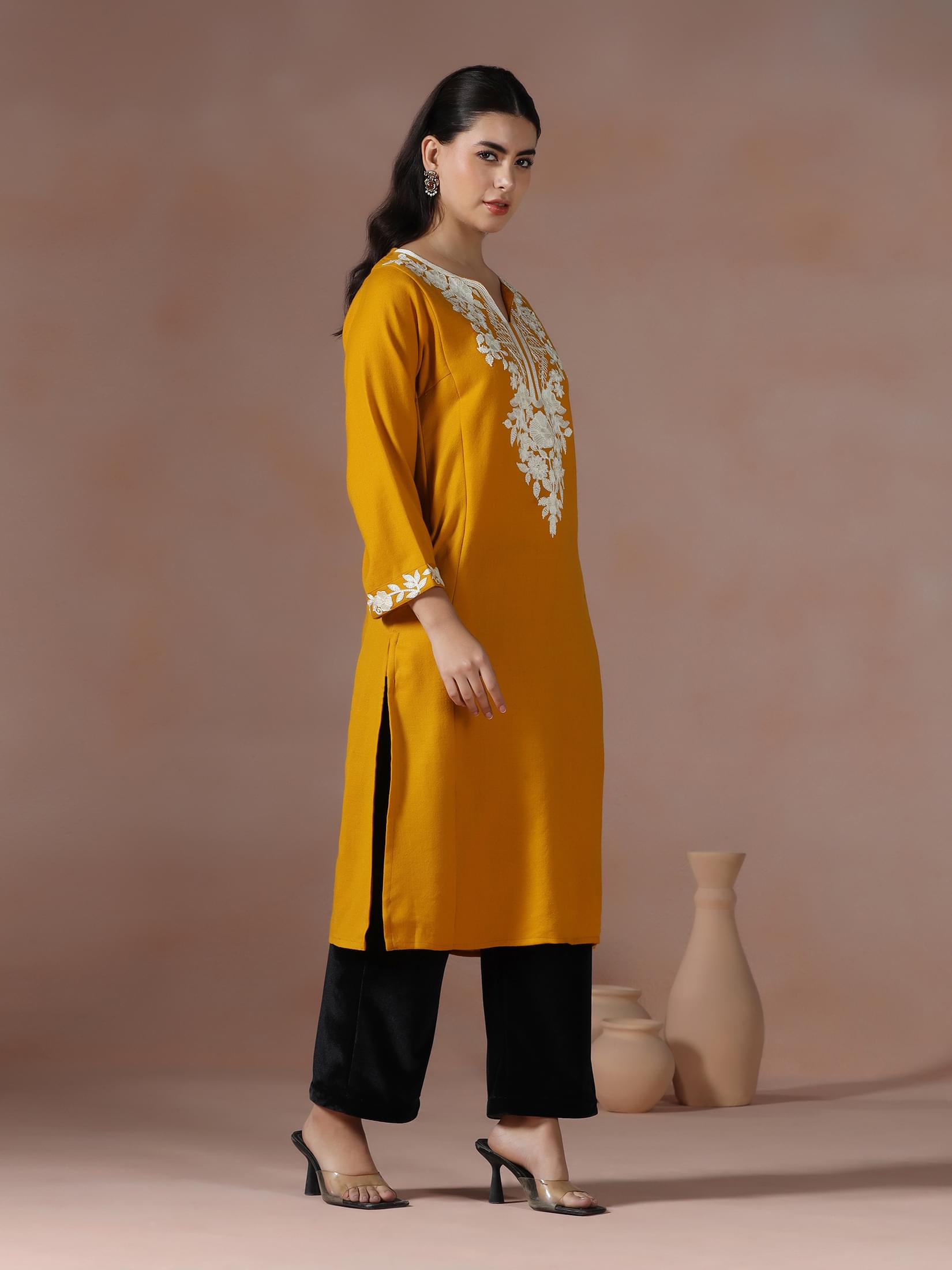 Winter Women Acrylic Mustard Embroidered Kurta.