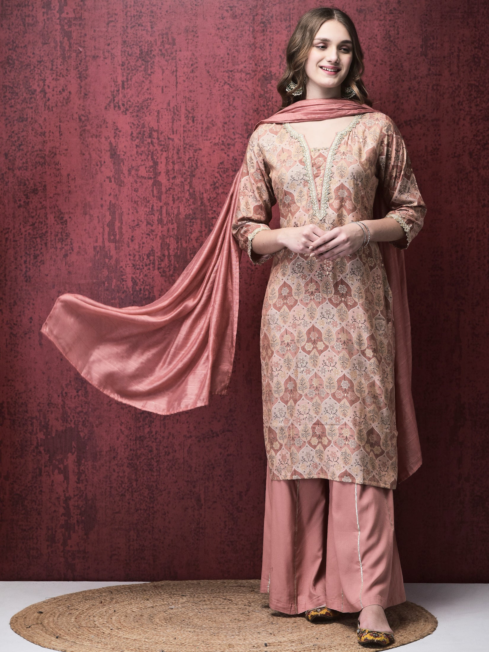 Women Liva Beige Ornamental Print Kurta Comfort Pant Dupatta main image 1