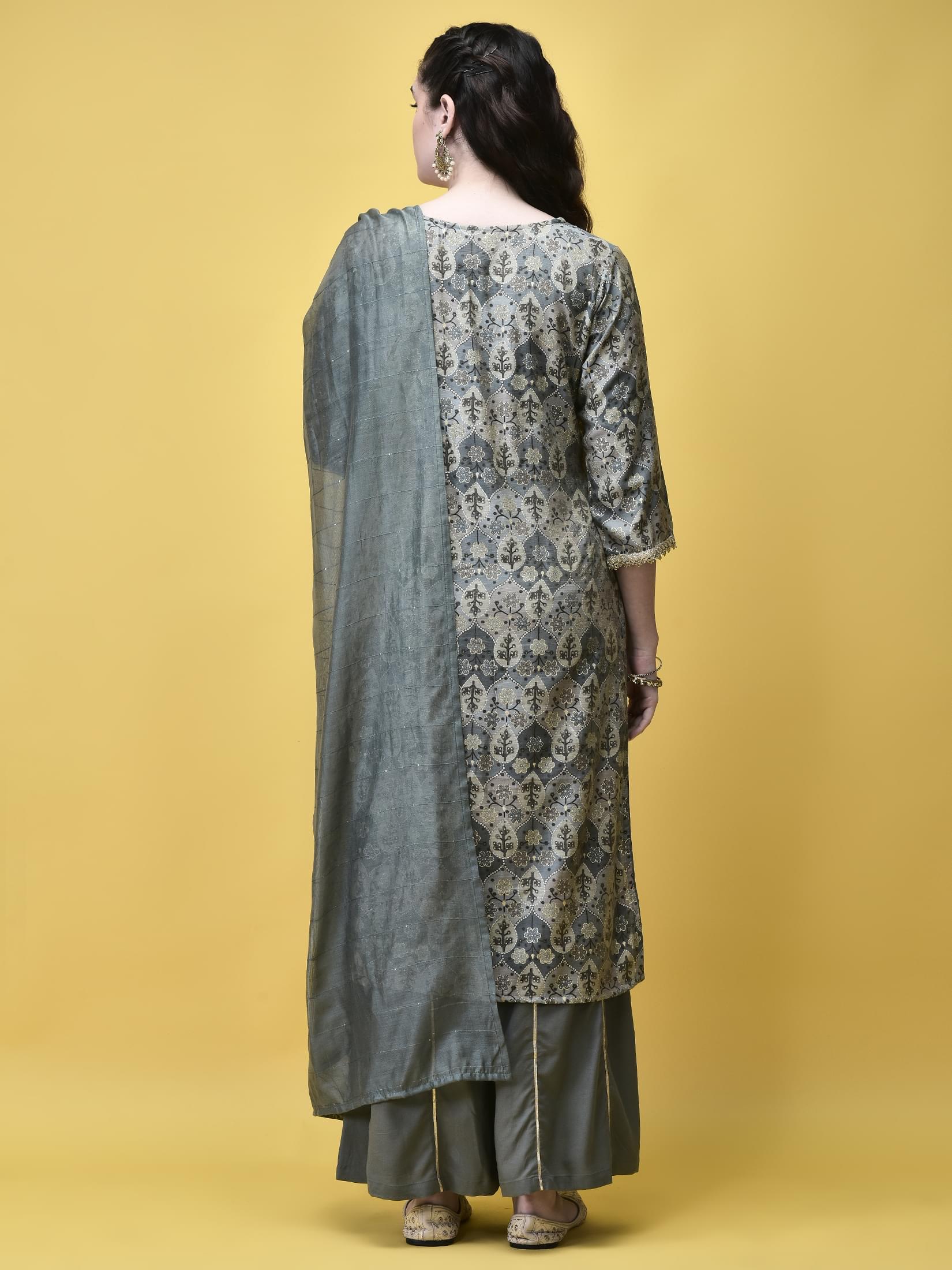 Women Liva (Rayon) Grey Floral Print Kurta Sharara Dupatta.