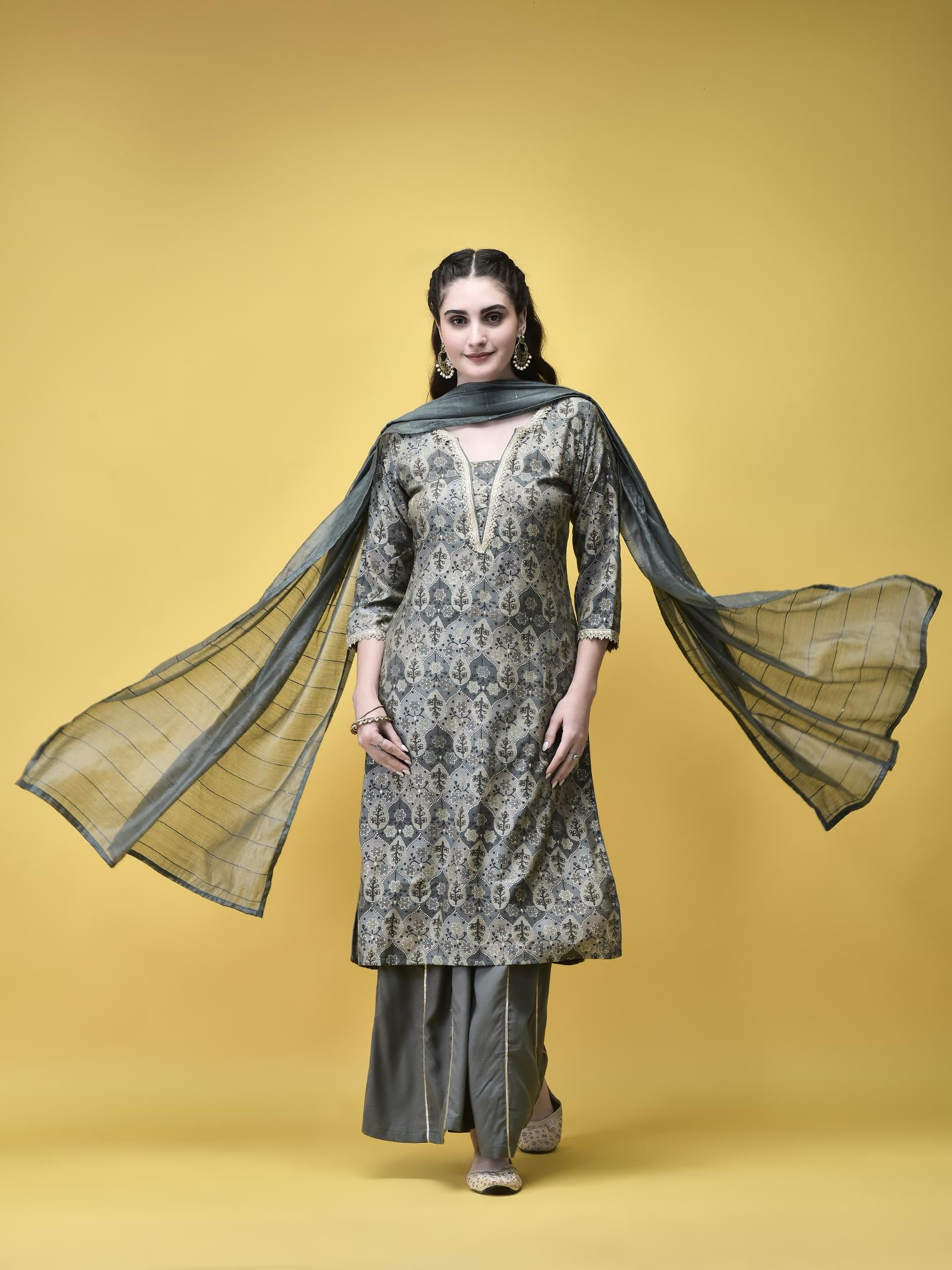 Women Liva (Rayon) Grey Floral Print Kurta Sharara Dupatta.