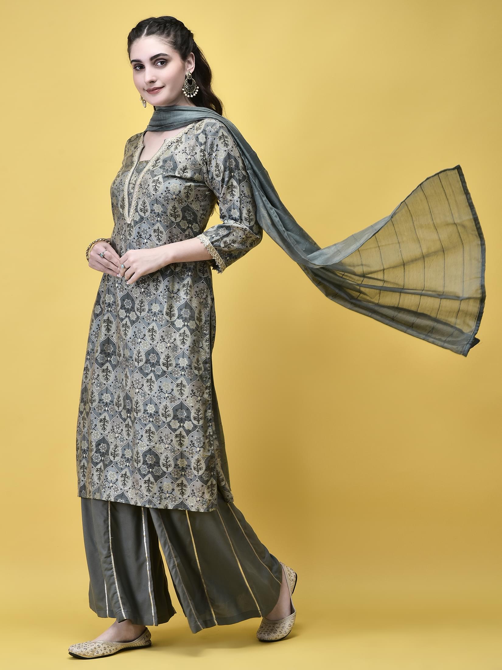 Women Liva (Rayon) Grey Floral Print Kurta Sharara Dupatta.