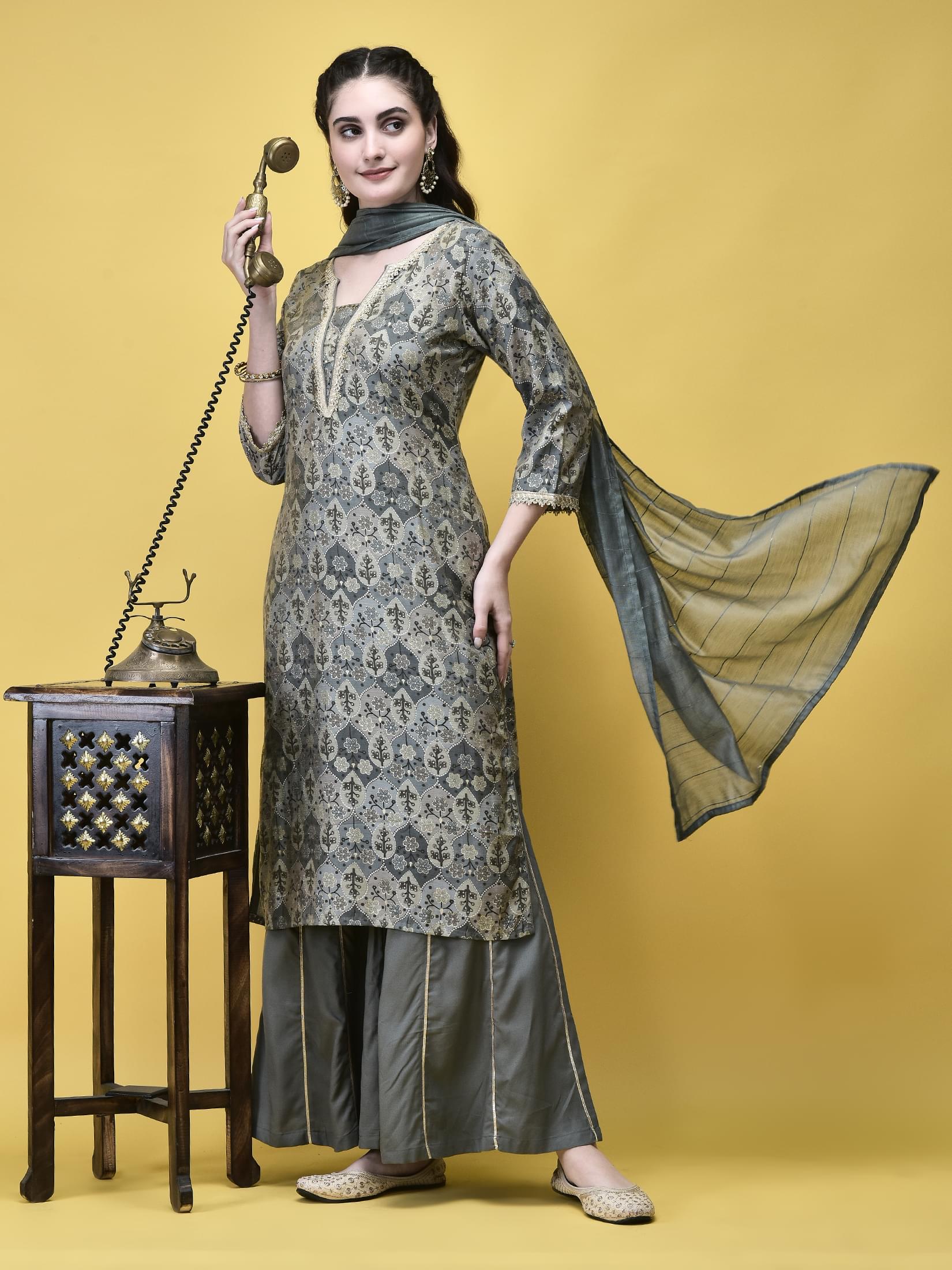 Cool grey delicate floral theme Liva rayon festive look flared sharara suit set