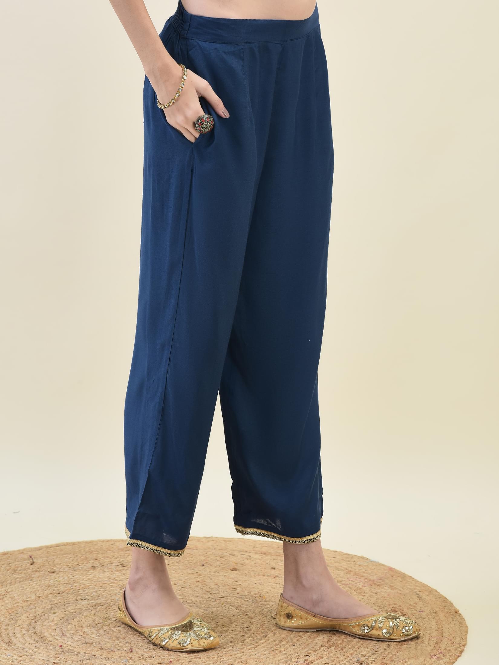 Women Jacquard Blue Ornamental Print Kurta Comfort Pant Dupatta.