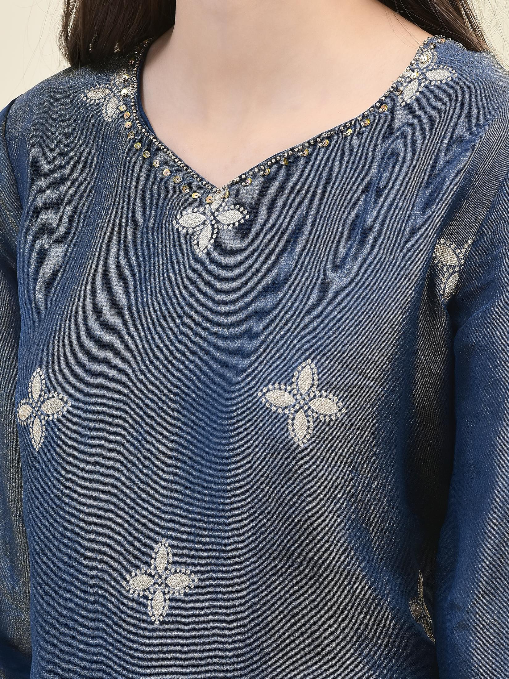 Women Jacquard Blue Ornamental Print Kurta Comfort Pant Dupatta.