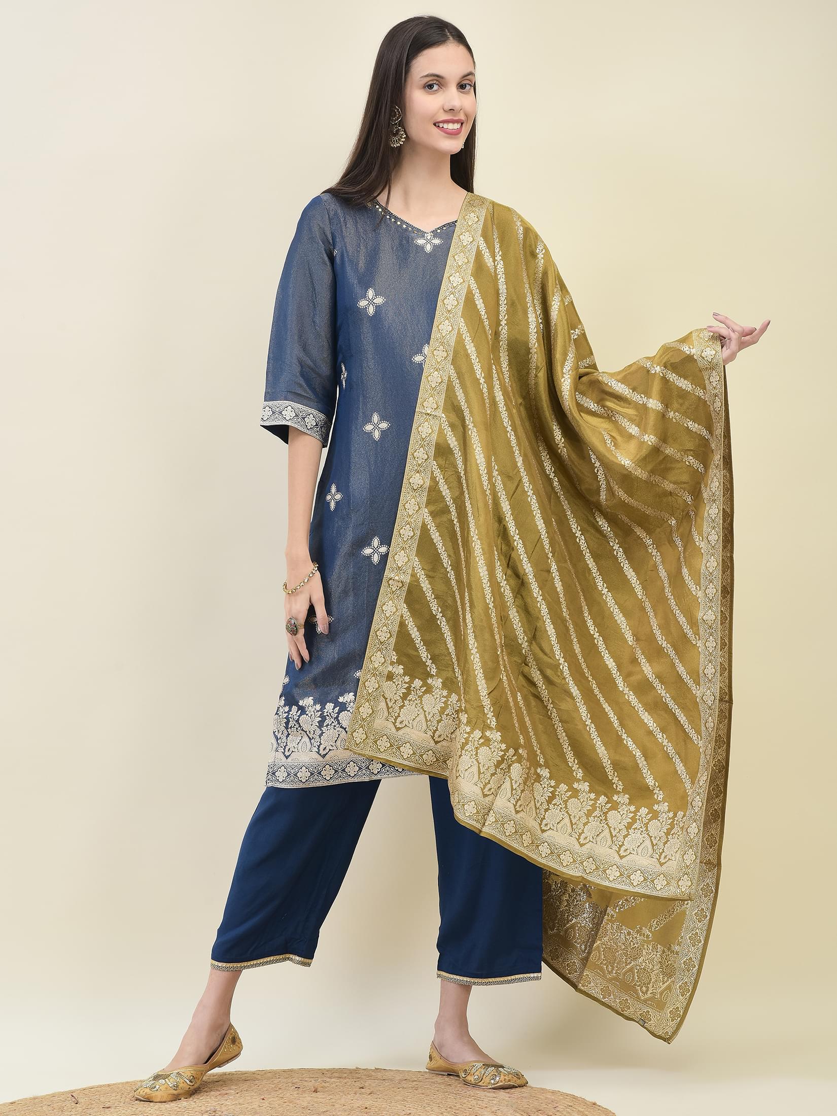 Women Jacquard Blue Ornamental Print Kurta Comfort Pant Dupatta.