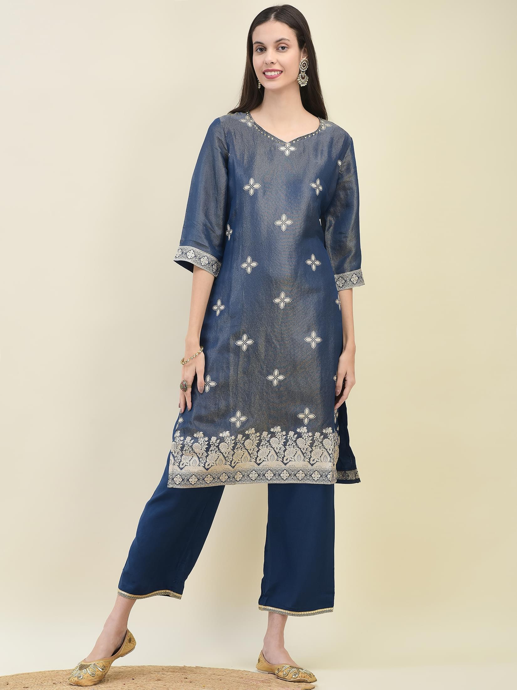 Women Jacquard Blue Ornamental Print Kurta Comfort Pant Dupatta.