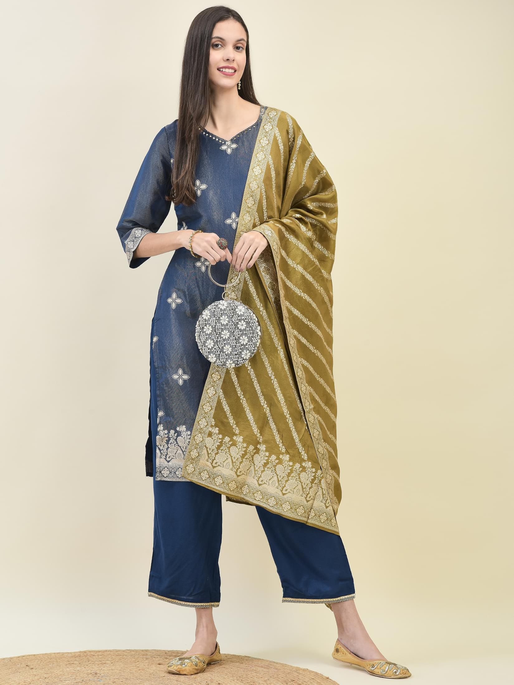 Women Jacquard Blue Ornamental Print Kurta Comfort Pant Dupatta.