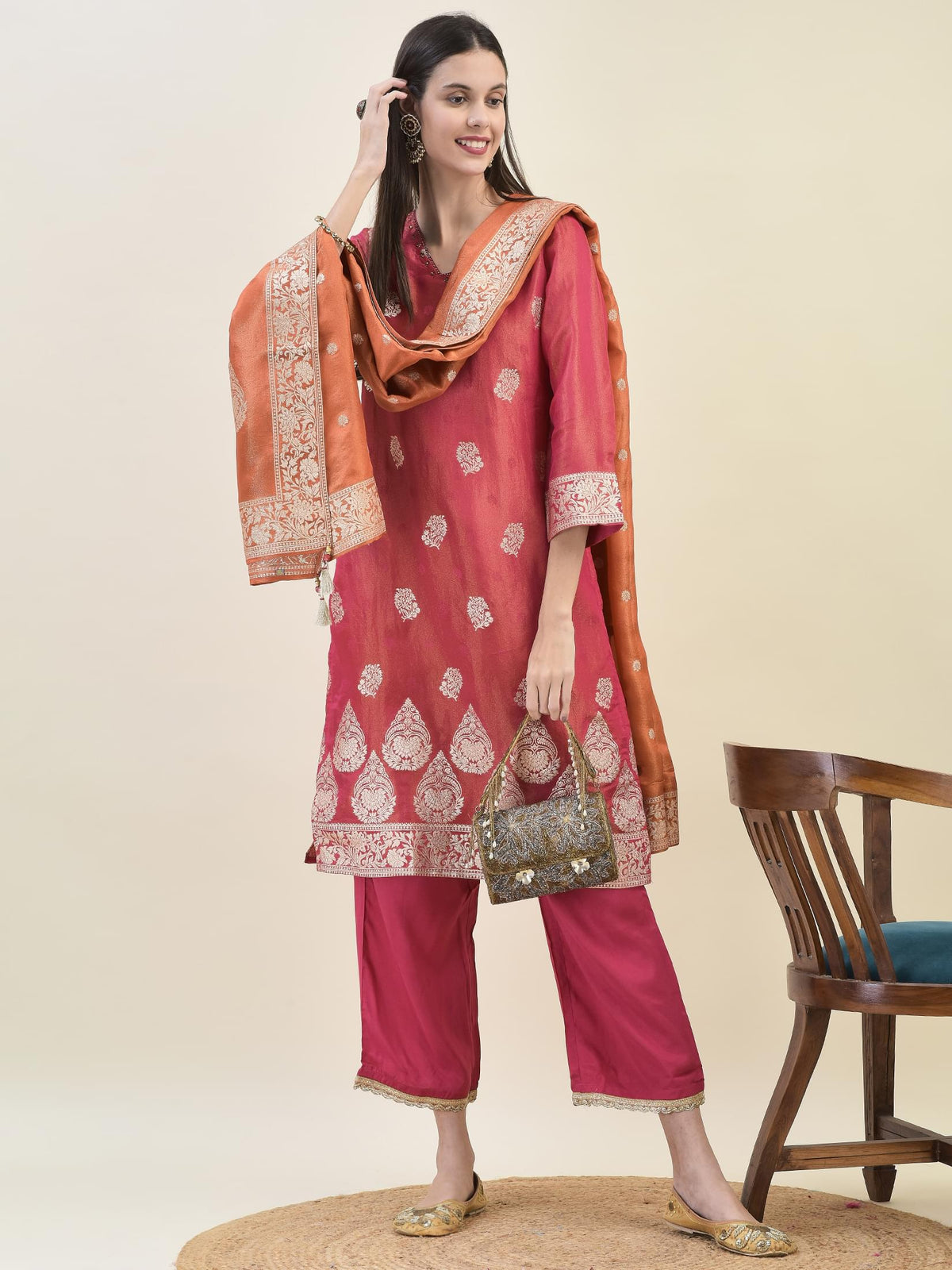 Women Jacquard Fuchsia Ornamental Print Kurta Comfort Pant Dupatta.