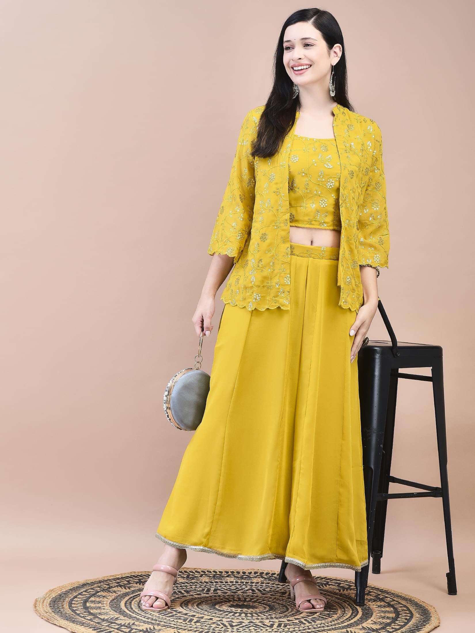 Women Georgette Mustard Embroidered Top Jacket Split Pant.