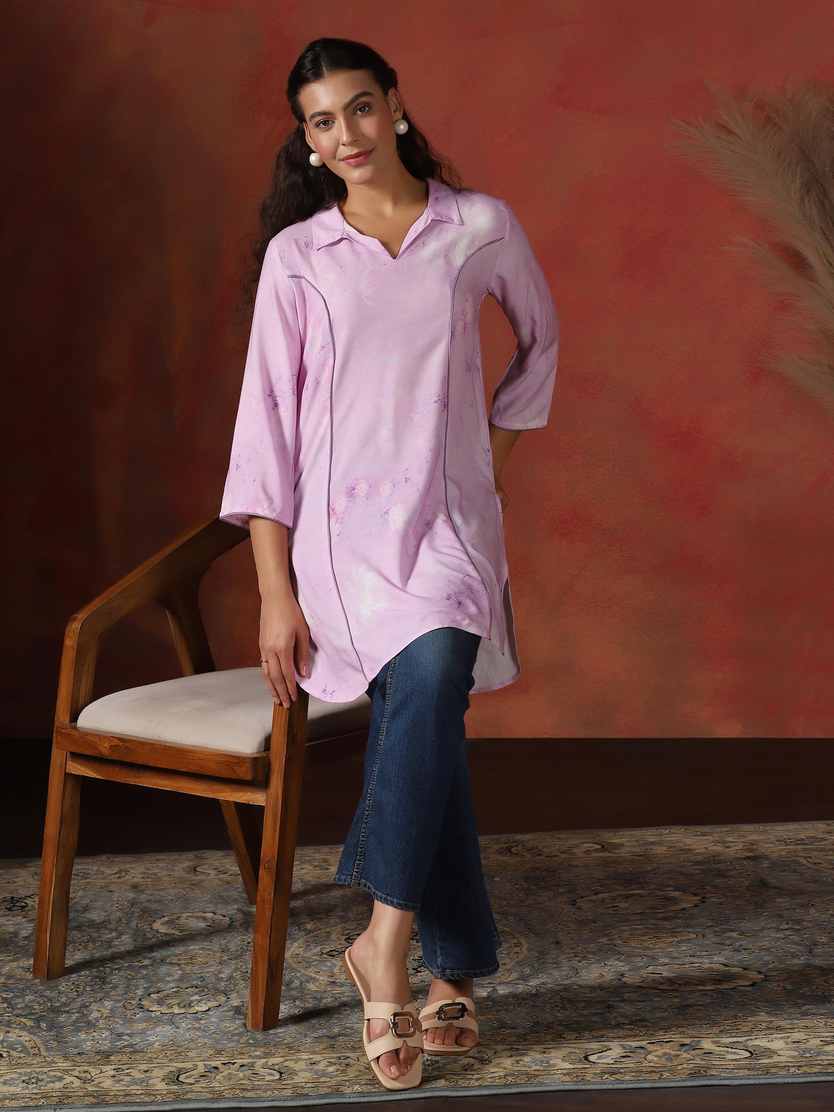 Soft lilac abstract pattern printed Liva short length kurti top for women byshree