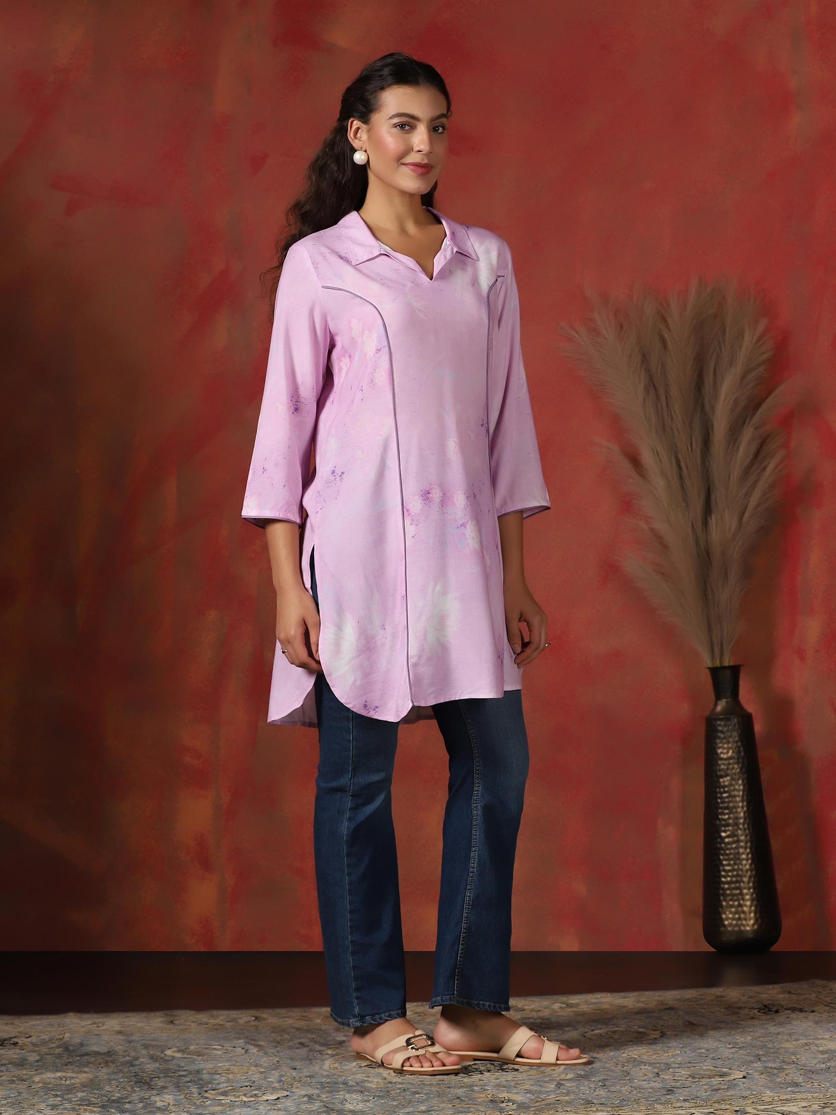 Women Liva Lilac Abstract Print Short Kurti.