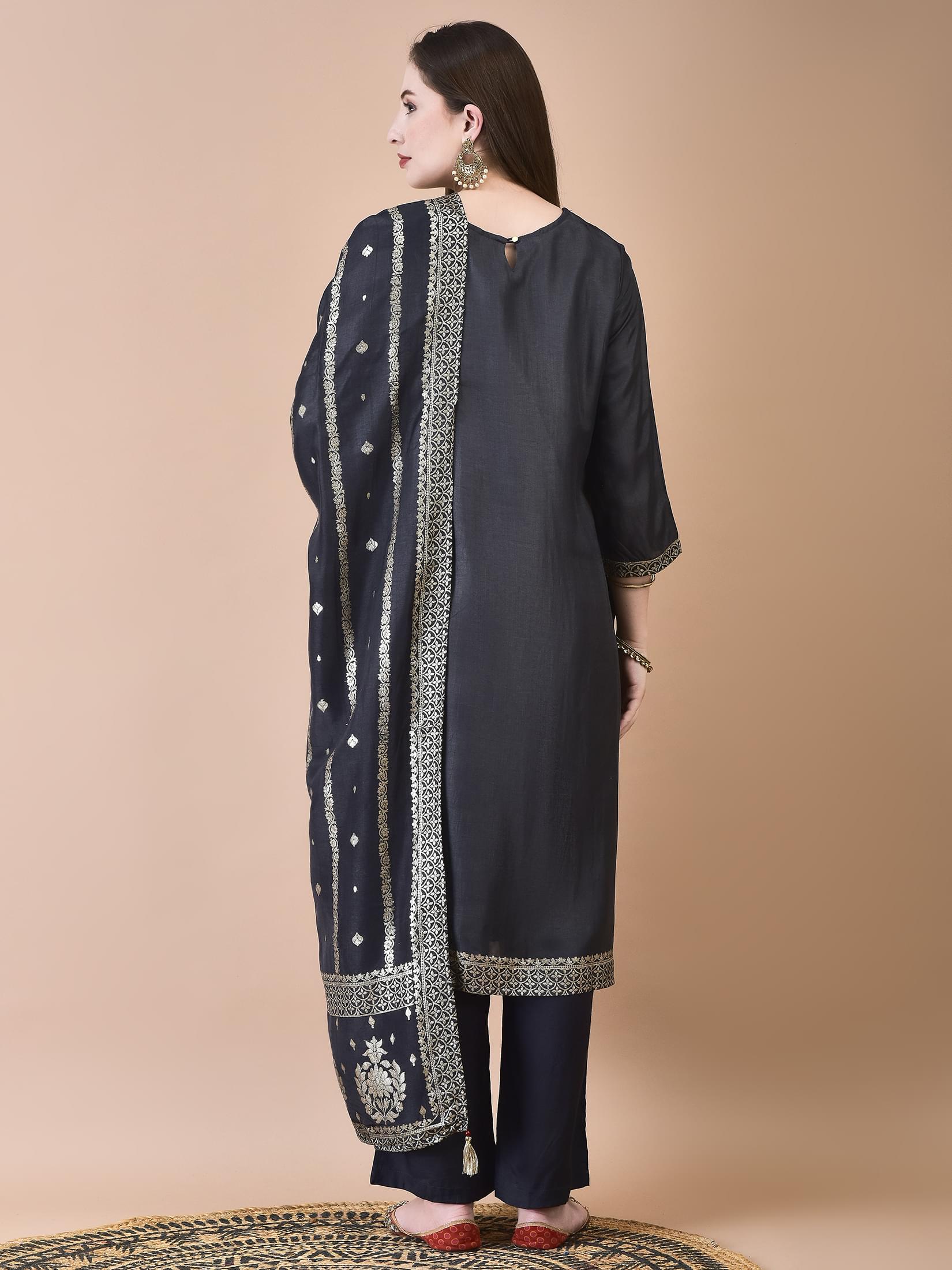 Women Dola Jacquard Grey Woven Kurta Comfort Pant Dupatta.