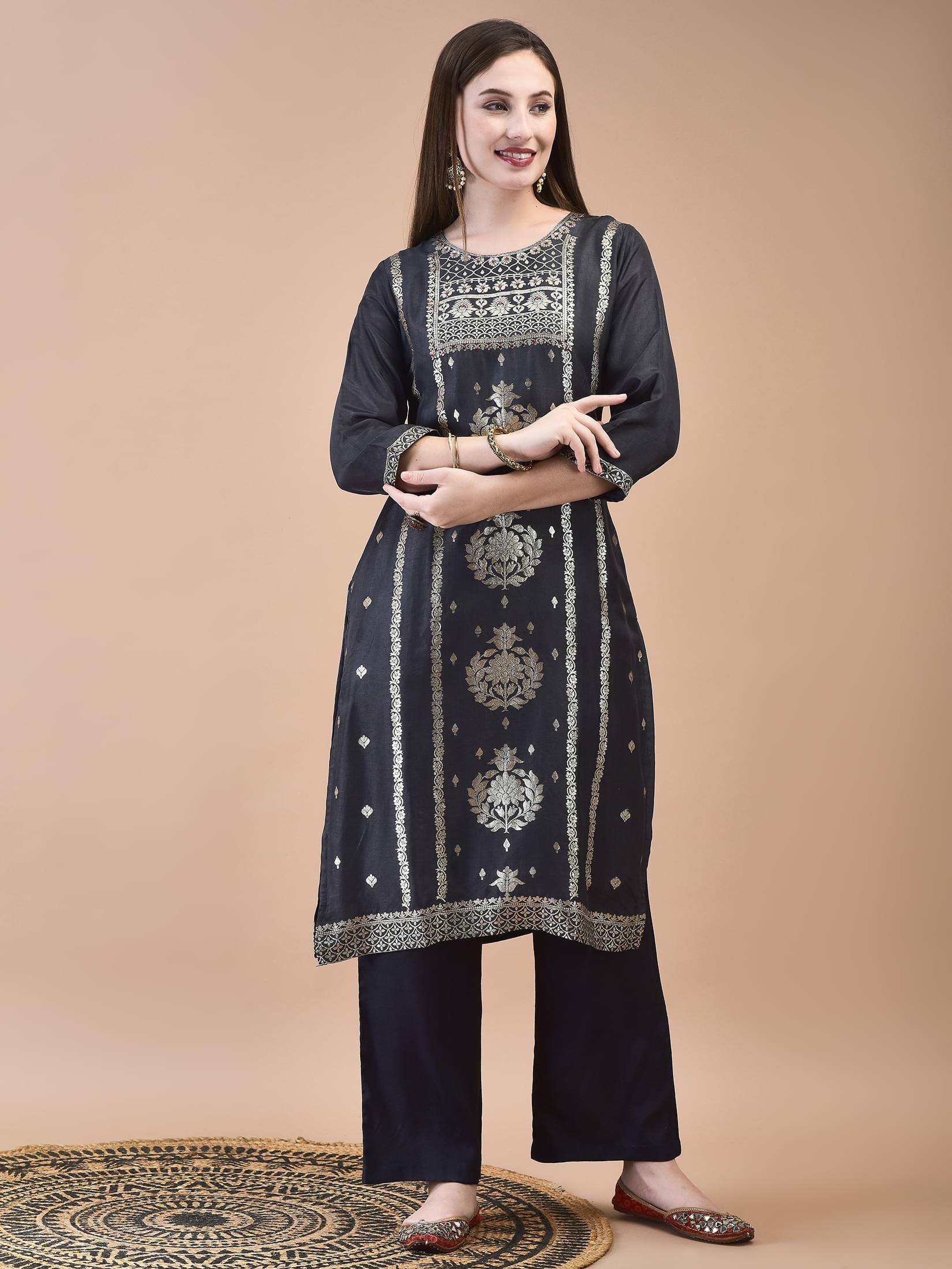 Women Dola Jacquard Grey Woven Kurta Comfort Pant Dupatta.